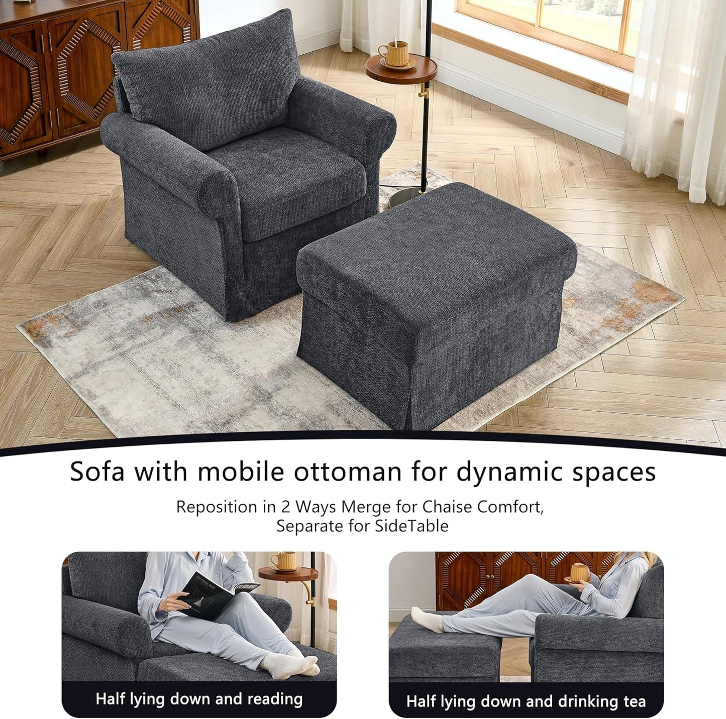 Gray 35 Inch Accent Chair With Ottoman And Chaise Lounge