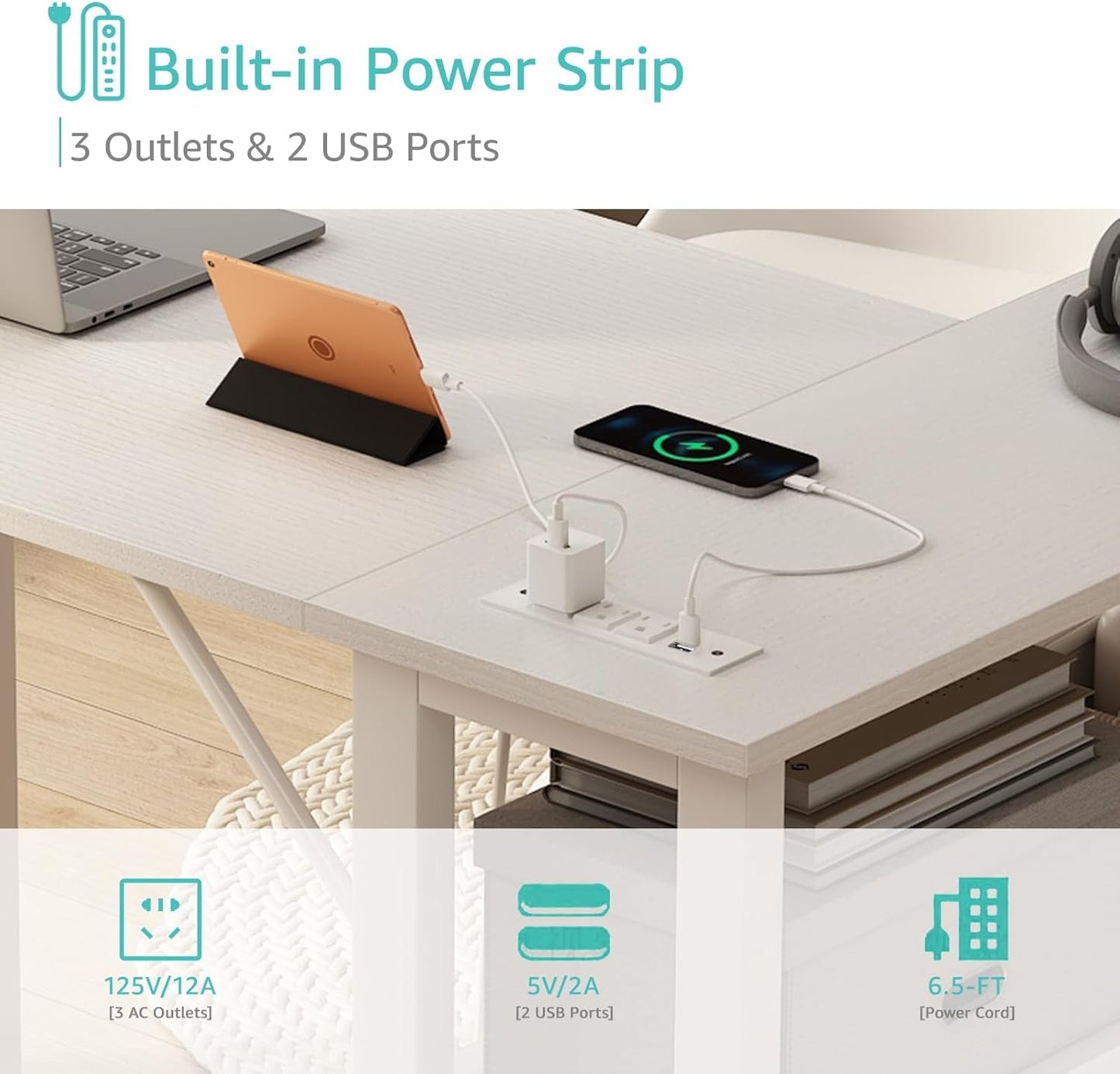 White 47 Inch L Shaped Corner Desk With Reversible Storage