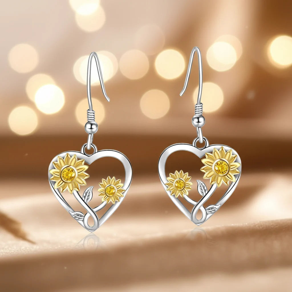 Hollow Heart Sunflower Bee Hook Earrings