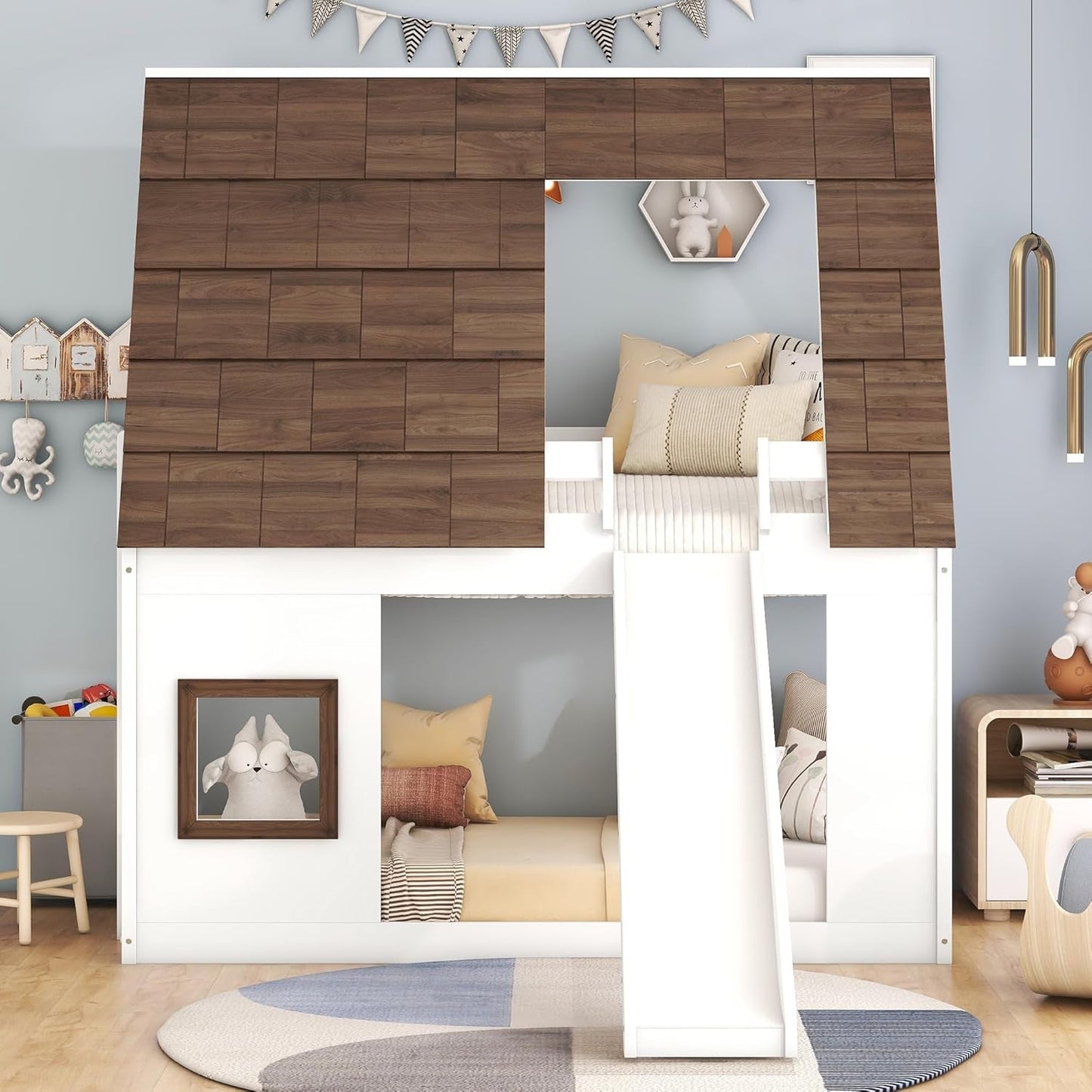 Twin Over Twin Bunk Bed With Slide For Kids Room Ready