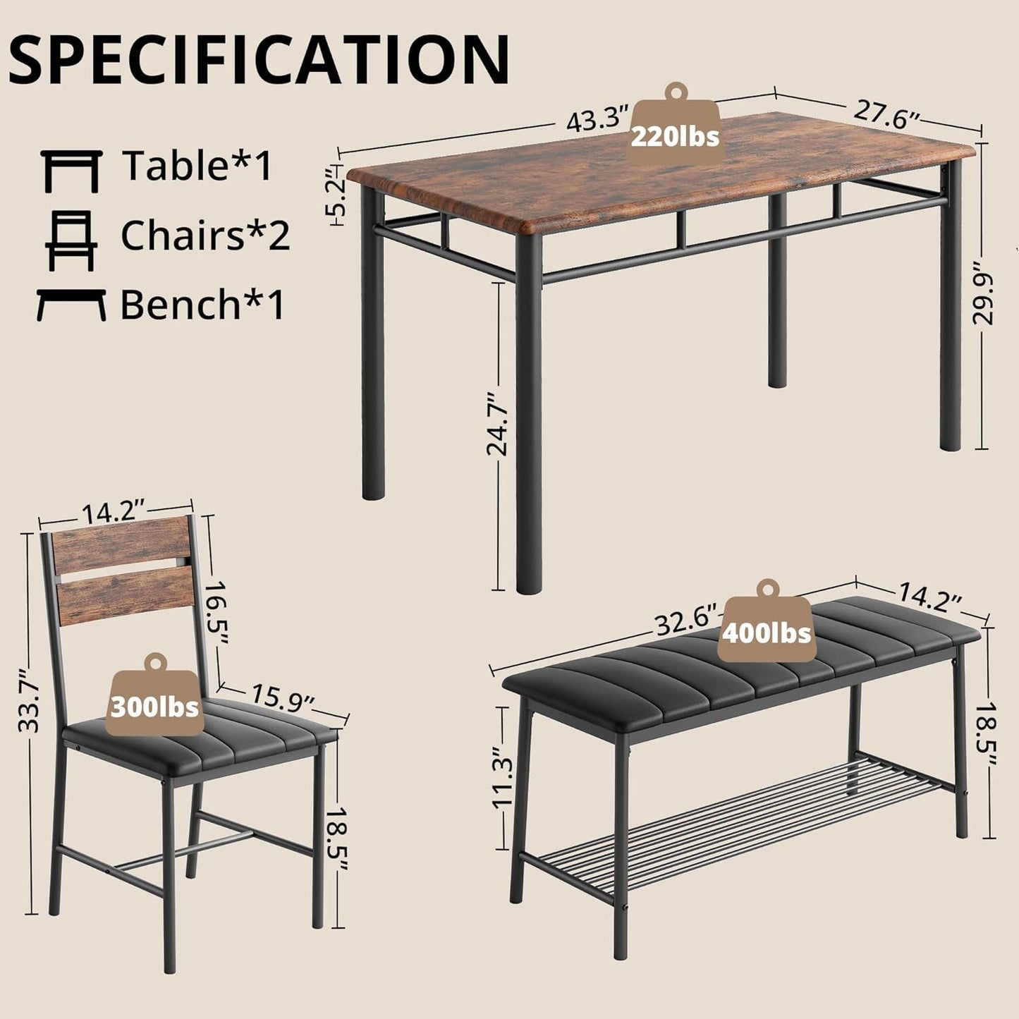 Industrial Dining Room Table Set For Four Rustic Brown