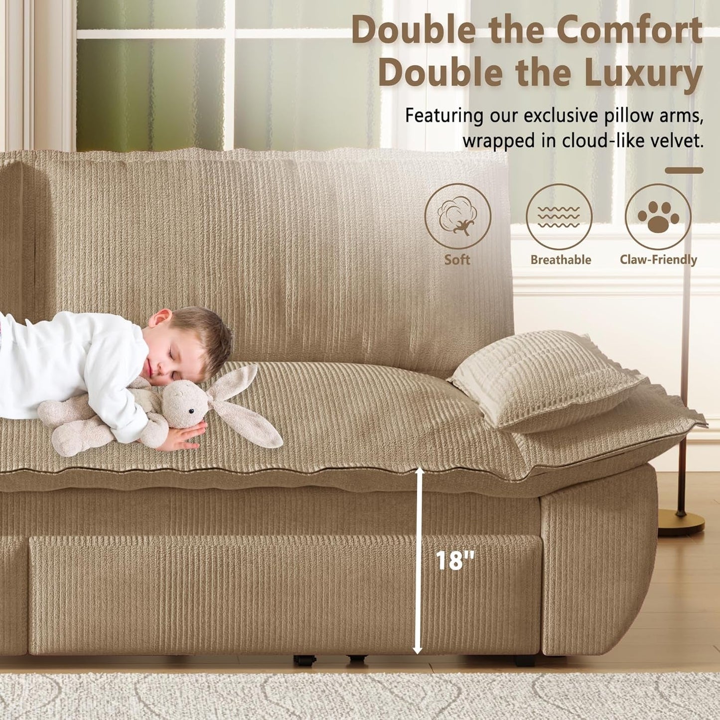 Queen Size Premium Convertible Sofabed Camel Corduroy