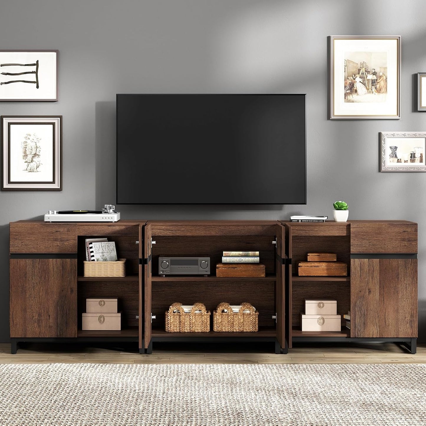 Brown 3 In 1 TV Stand For 100 Inch TV Adjustable Shelves Metal Base