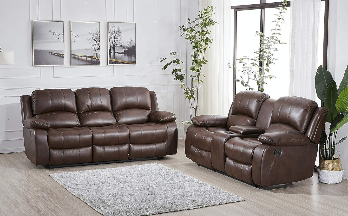 Brown Faux Leather Sofa and Loveseat Set Two Piece