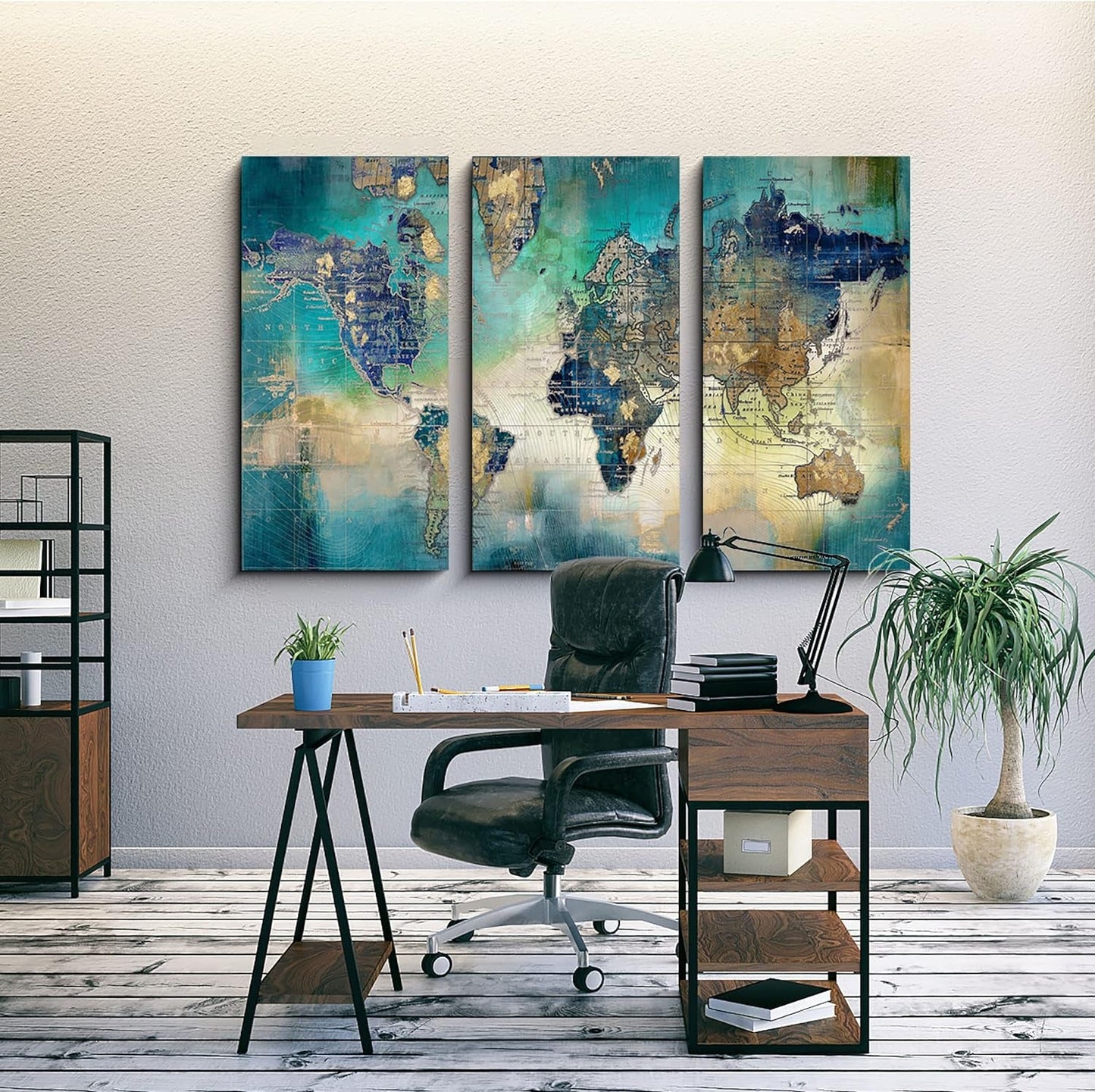 Stunning  World Map Canvas Wall Art - 3 Piece Set for Living Room, Bedroom, and Office - 16"x32" Large Decor