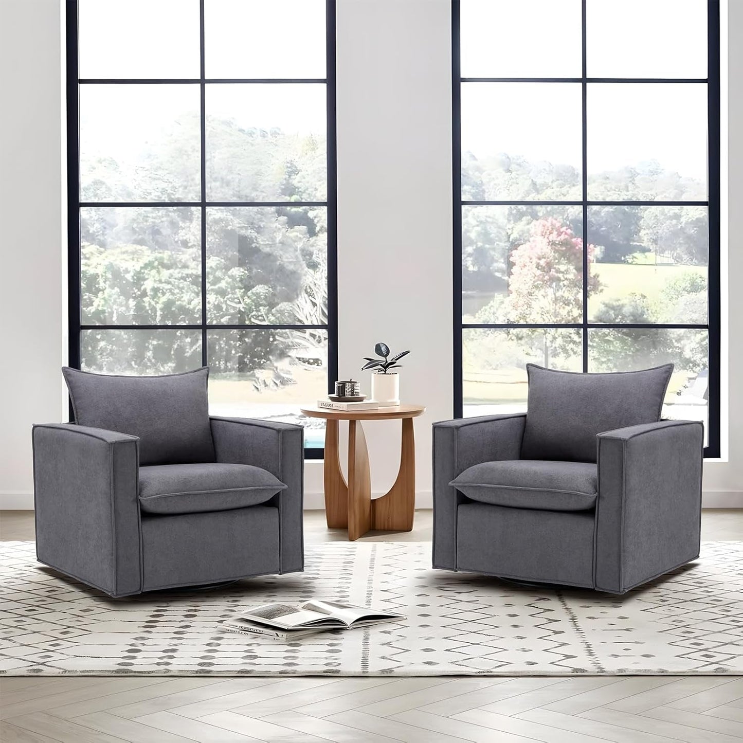 Grey Upholstered Swivel Armchair Twin Pack LivingRoom