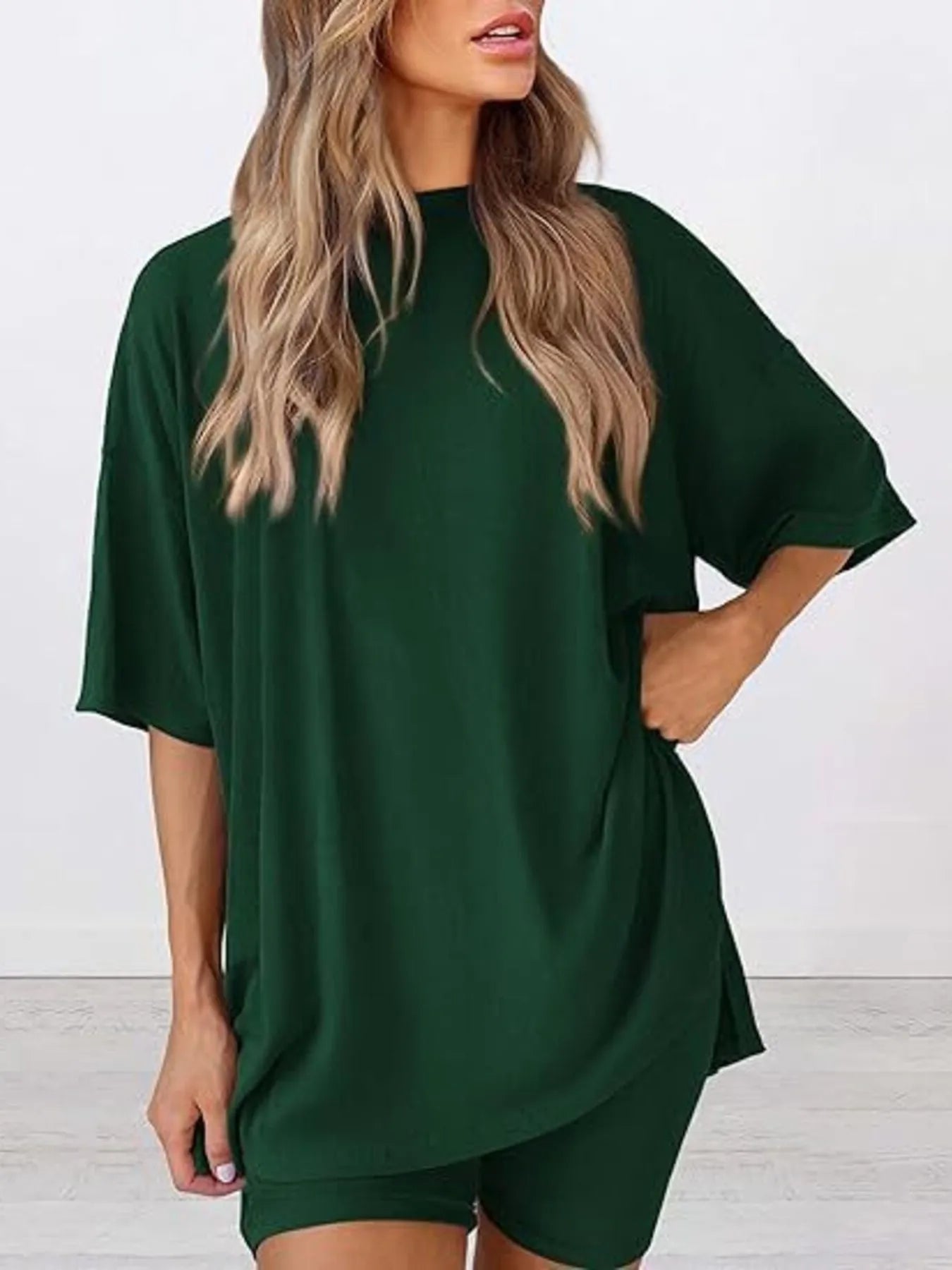 Oversized Slit Round Neck Top and Shorts Lounge Set Plus Size