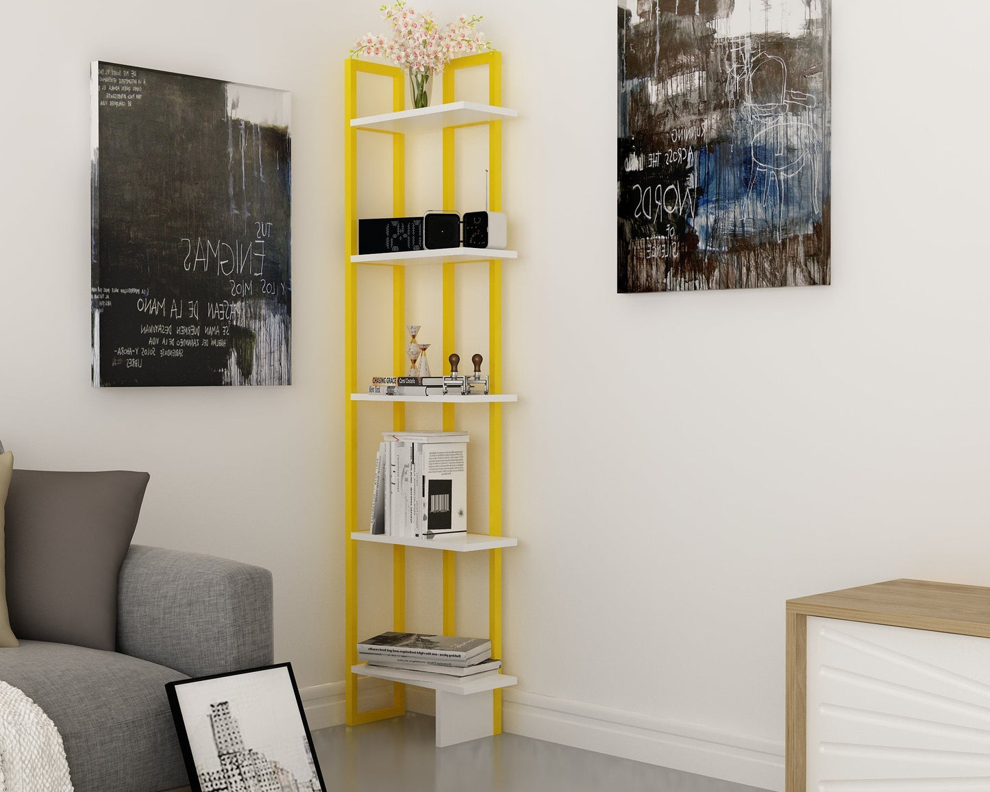Alice 71" Tall Metal Manufactured Wood Bookcase | Corner Bookcase