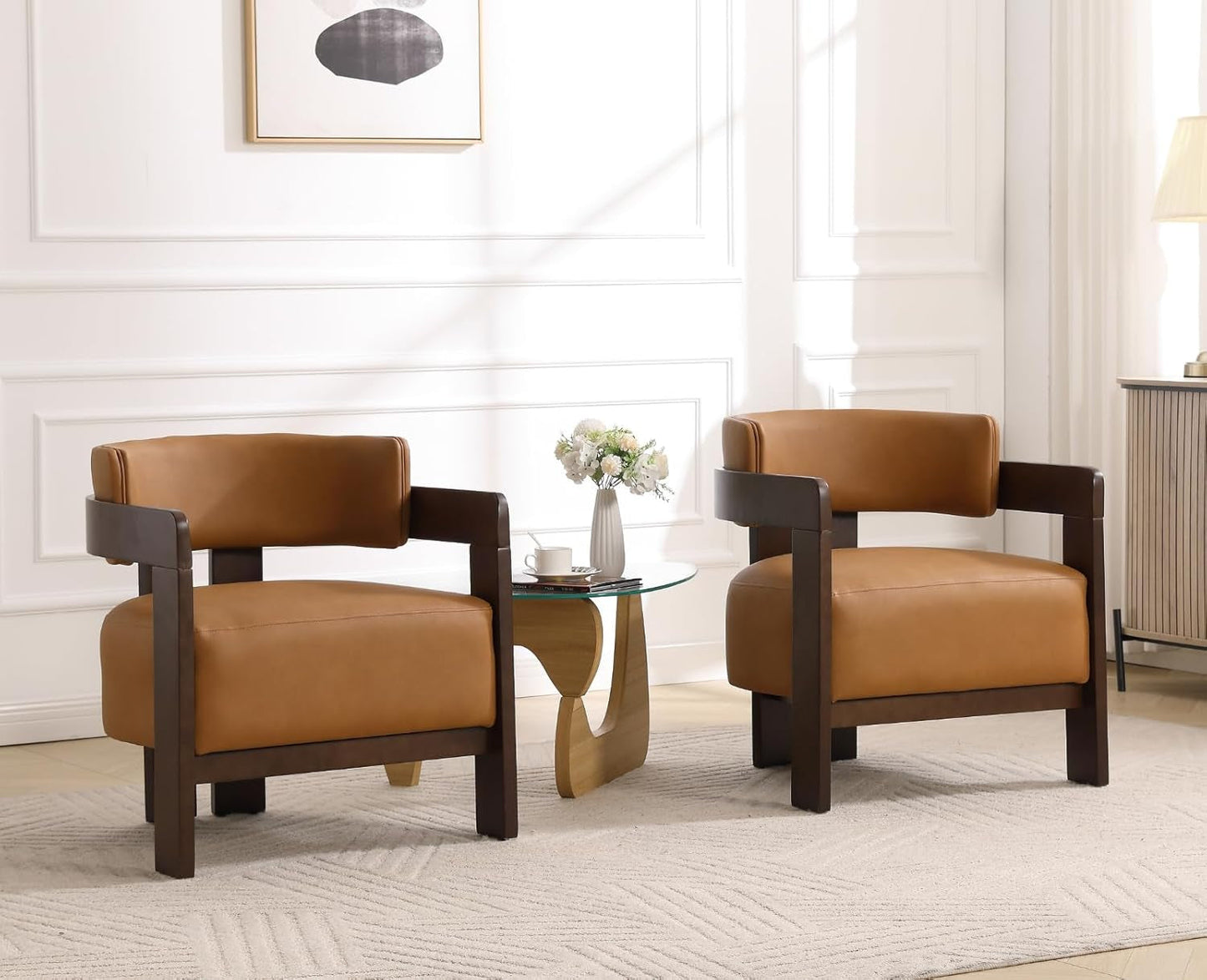 Brown Leather Barrel Chair Midcentury Upholstered Wooden Legs