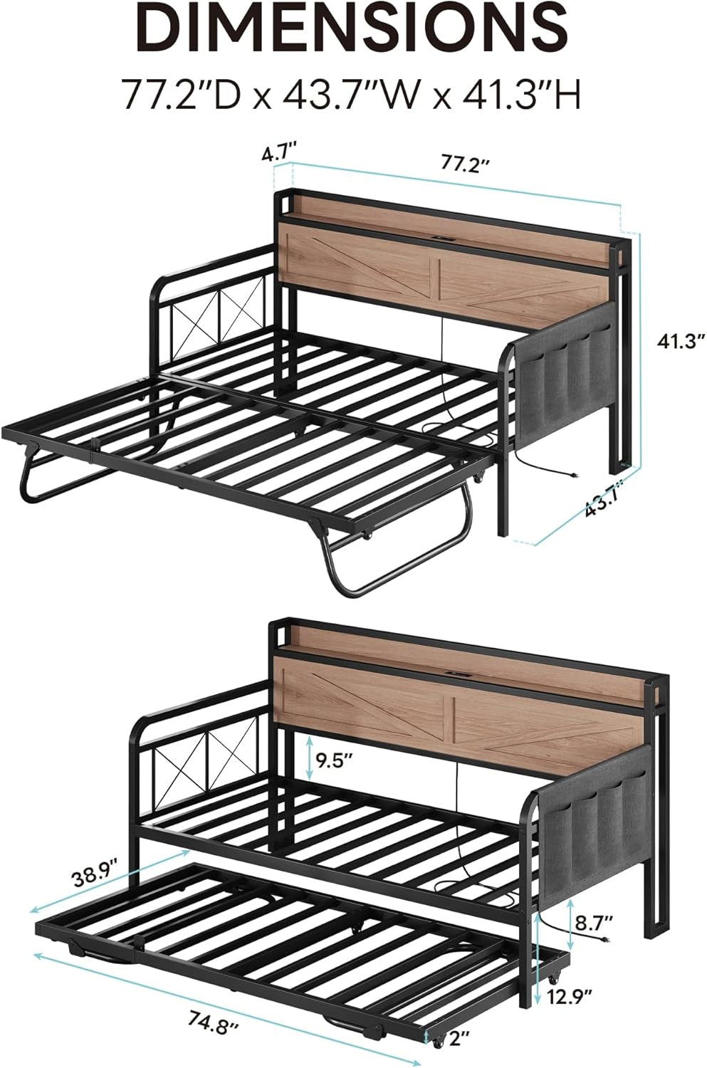 Twin Daybed With Trundle And Charging Station In Natural Wood
