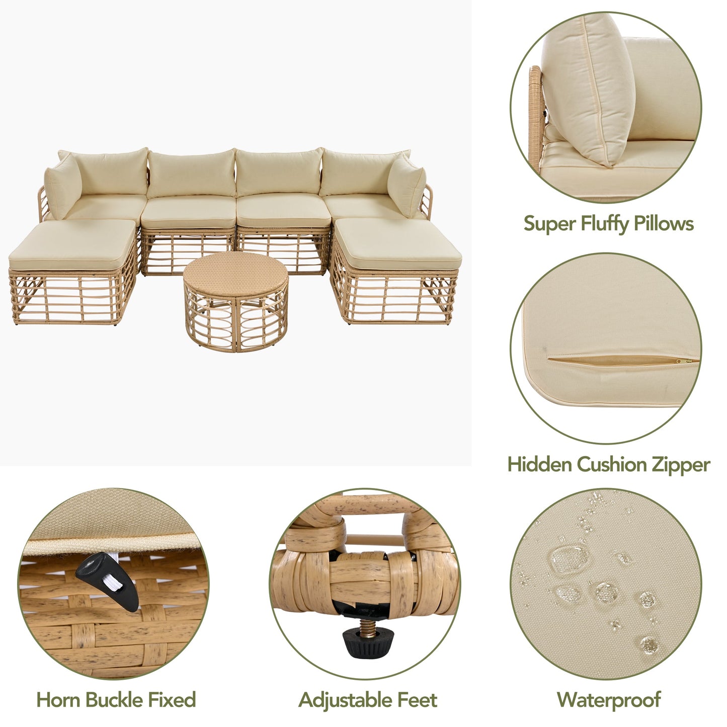 GO 7 Pieces Outdoor Patio Furniture, All-Weather Rattan Sectional Sofa Set