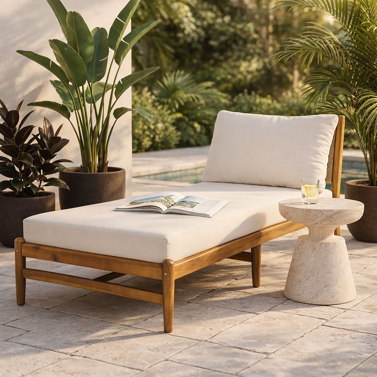 Cape Outdoor Acacia Chaise Lounge with Rope Woven