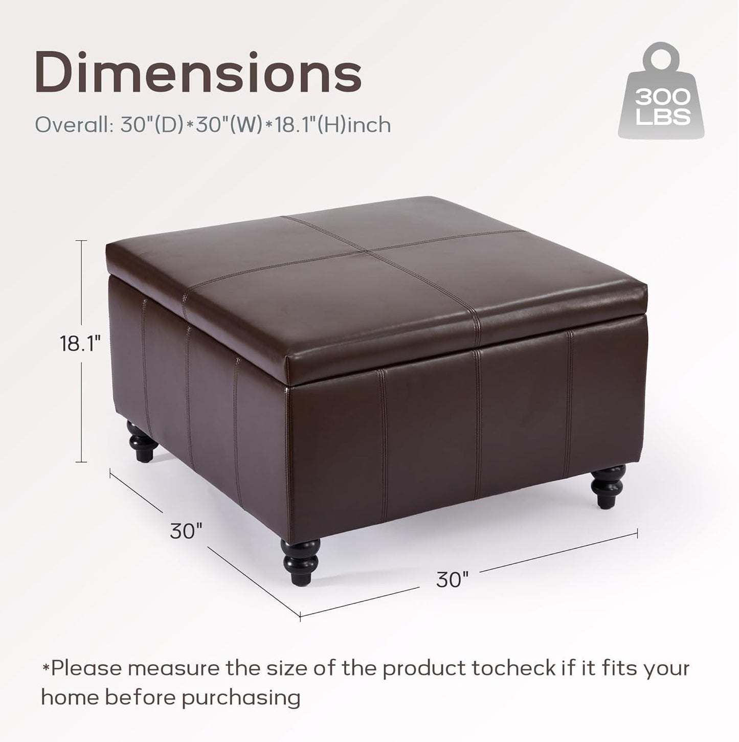 Square Leather Storage Ottoman 30-Inch Brown Durable