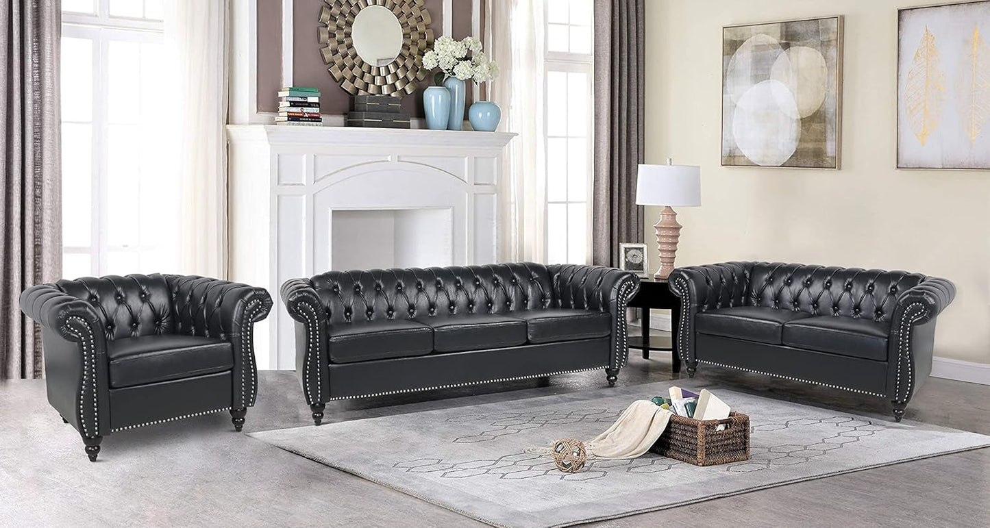 Modern Black Faux Leather Tufted Sofa and Chair Set