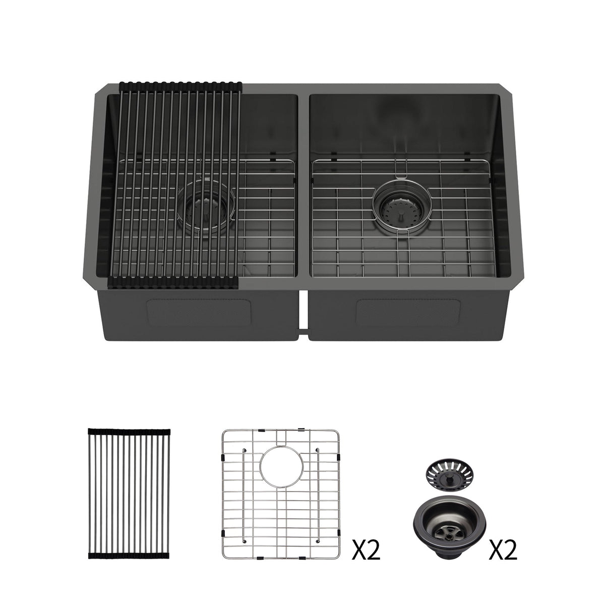 Double Bowl Undermount Sink - 33"x19"x10" Gunmetal