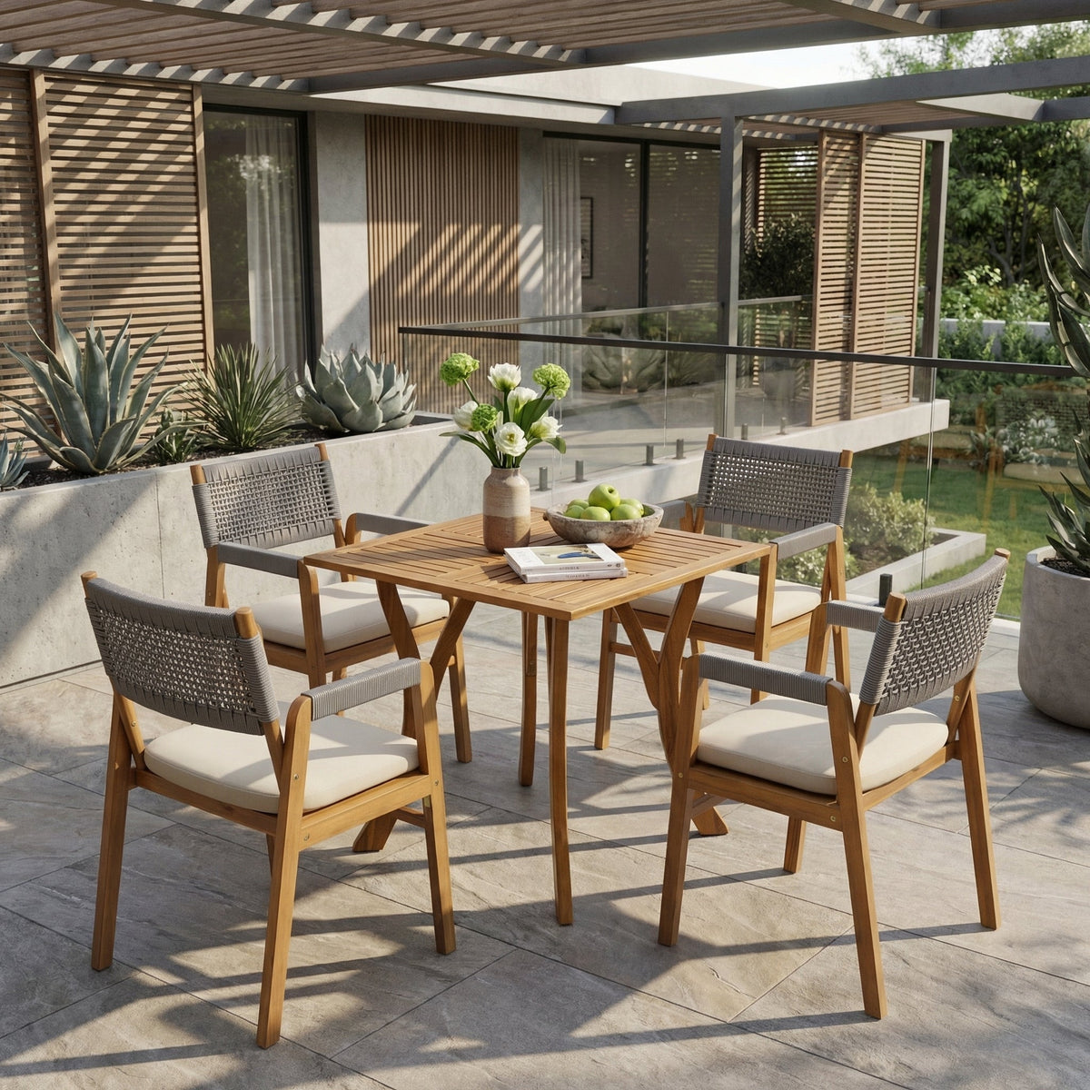 Outdoor 5 Pieces Rustic Patio Acacia Bistro Set with Cushions