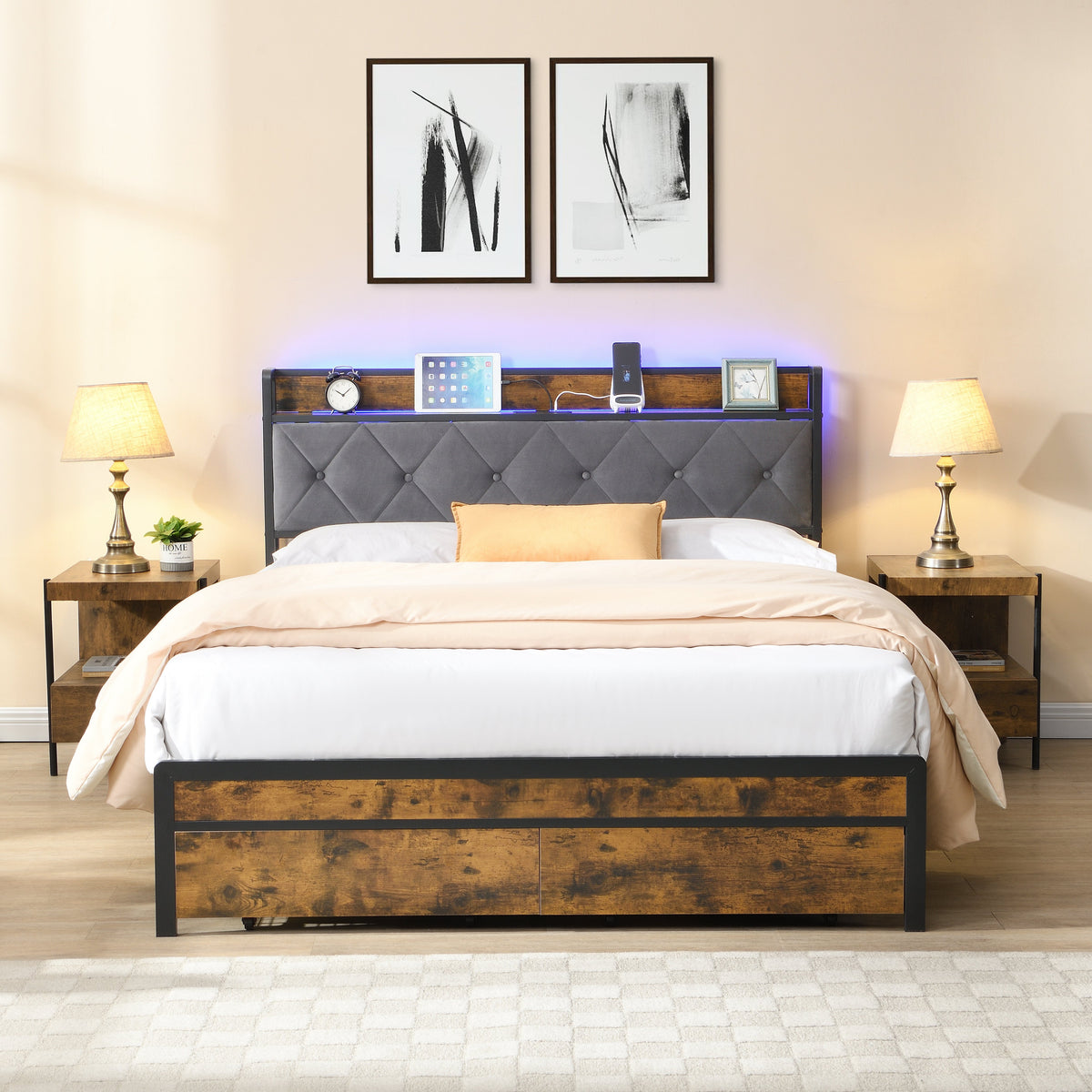 Queen Bed Frame with Storage and LED Lights