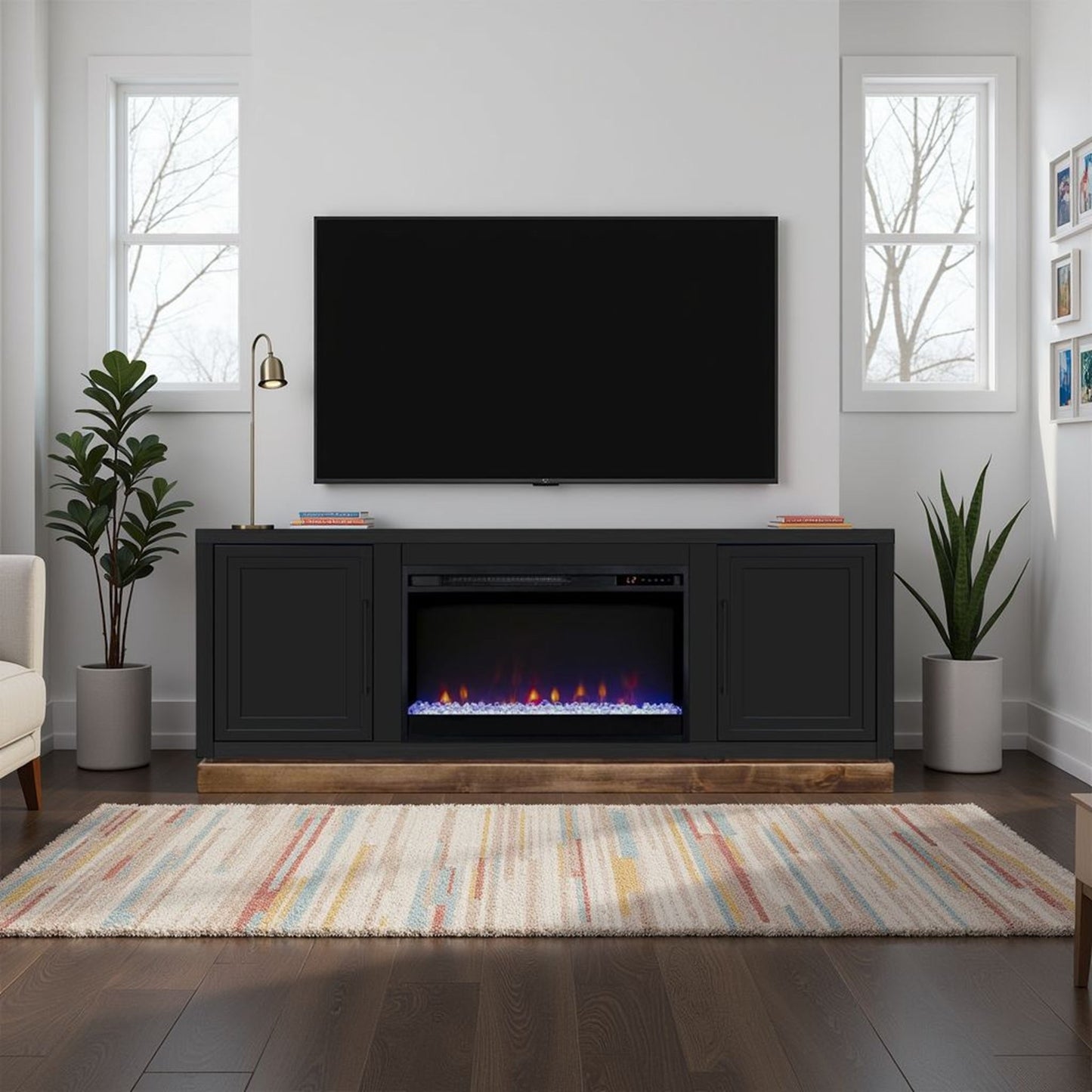 Nora 64 inch Fireplace TV Stand, for TVs up to 85 inches, Black and Whiskey Finish