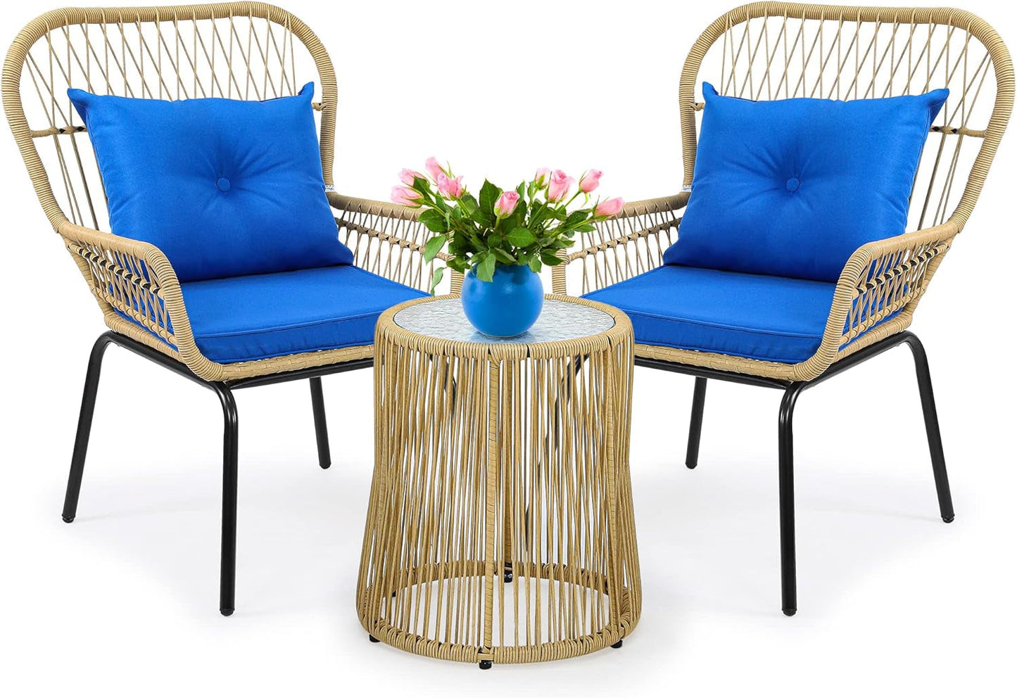 Outdoor Wicker Patio Bistro Set 3 Piece With Glass Table