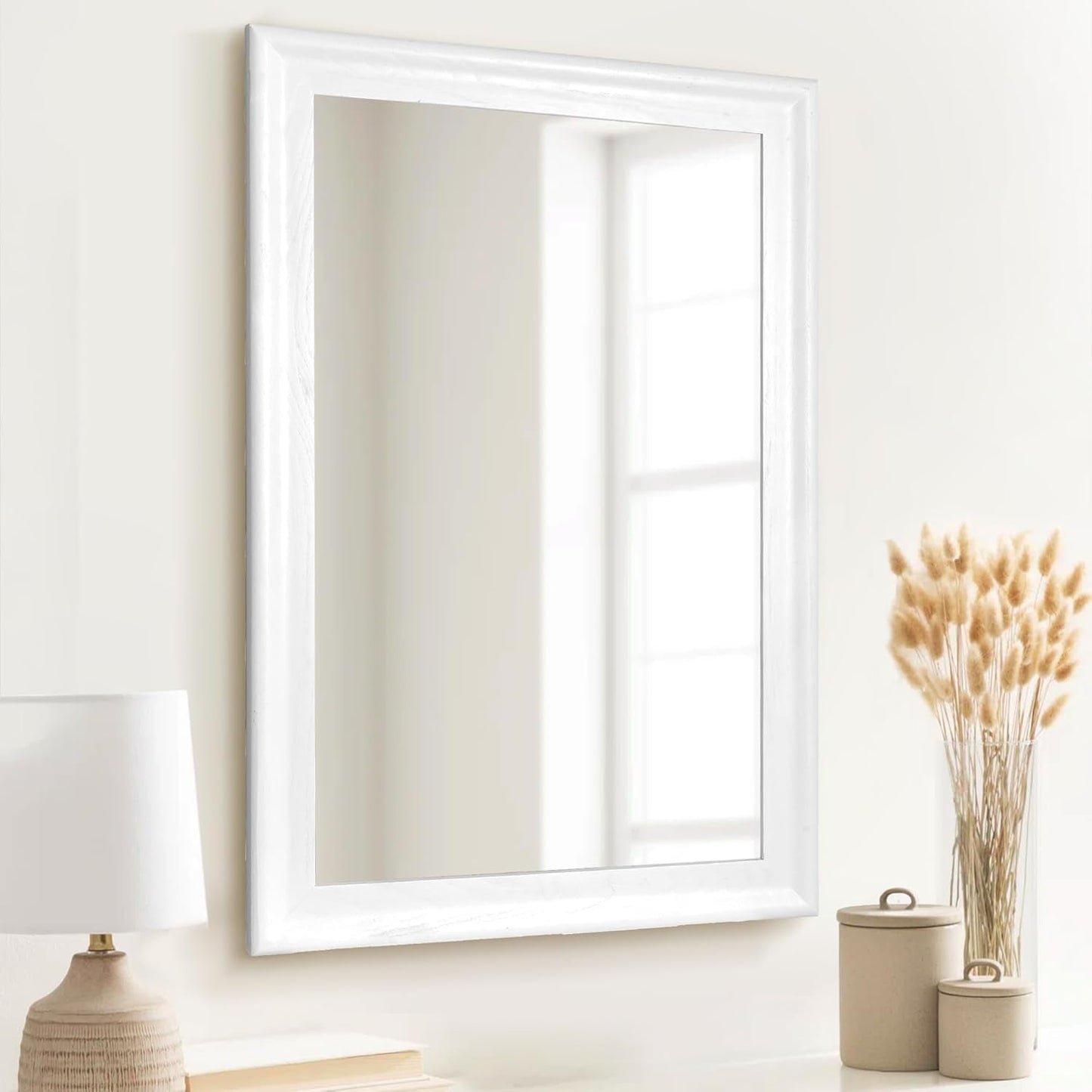 Rectangular White Wood Wall Mirror 24x36 Inches Bathroom
