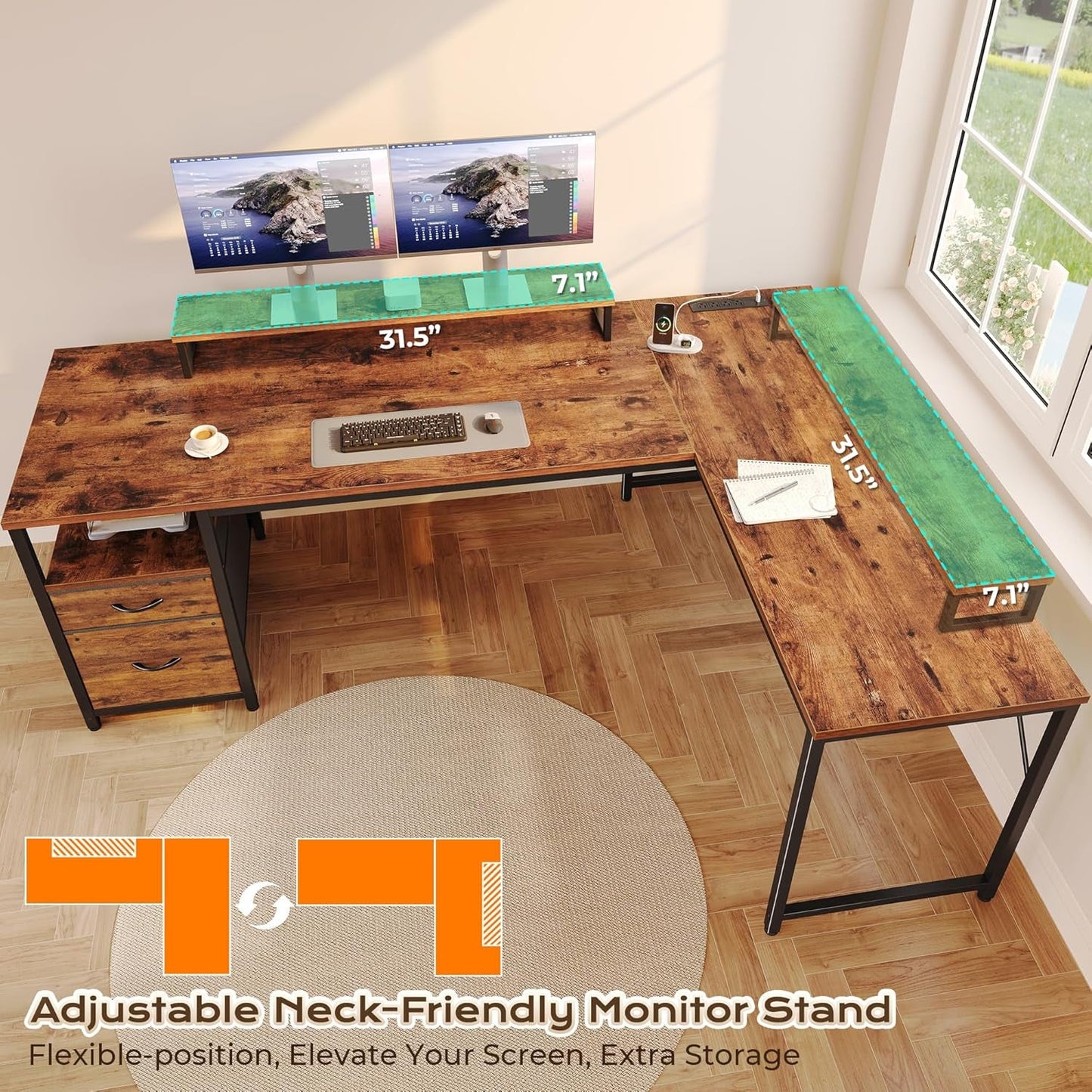 Sixty Three Inch L Shaped Desk USB Port Ergonomic Workspace