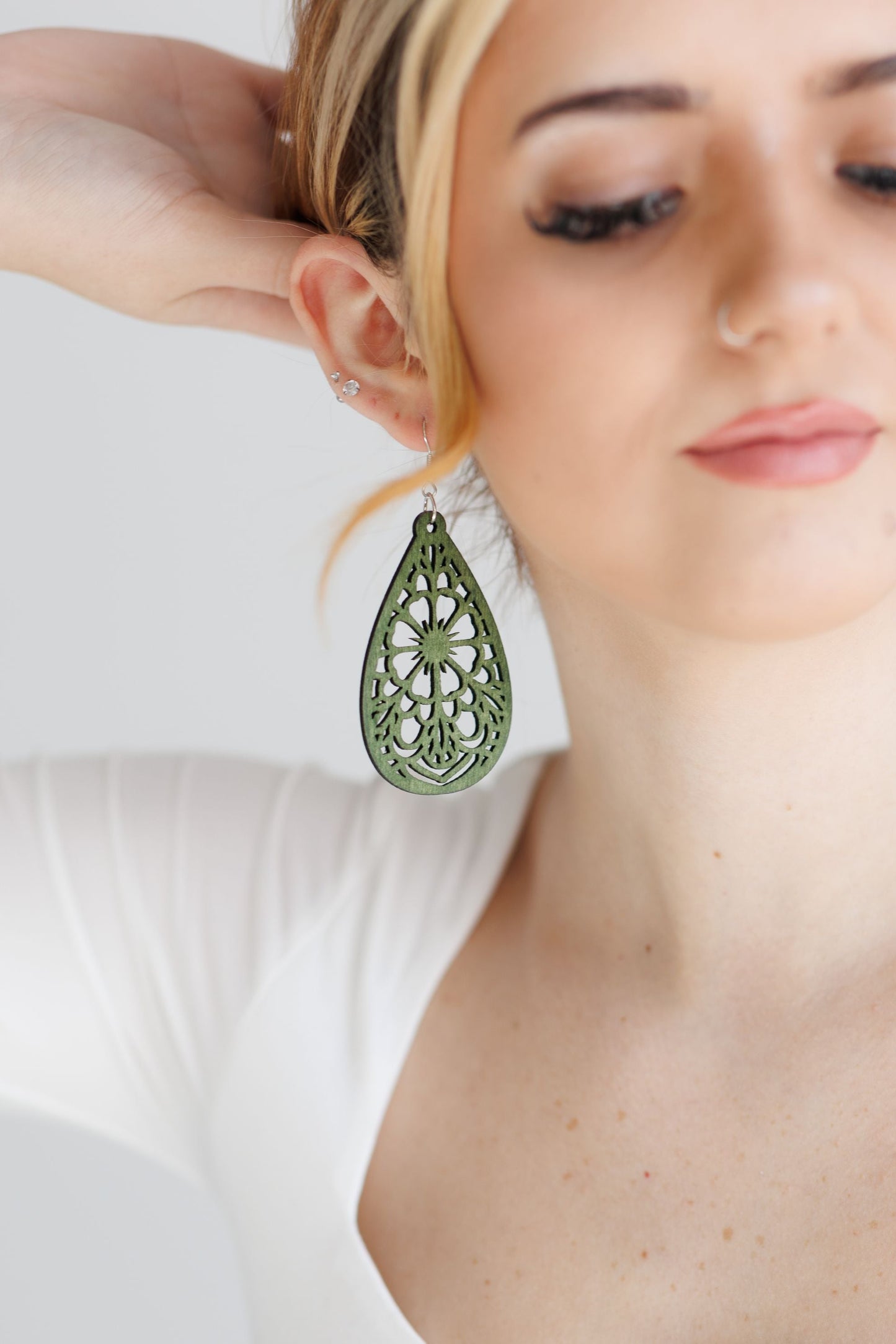 Beautiful Green Laser Cut Wood Floral Earrings