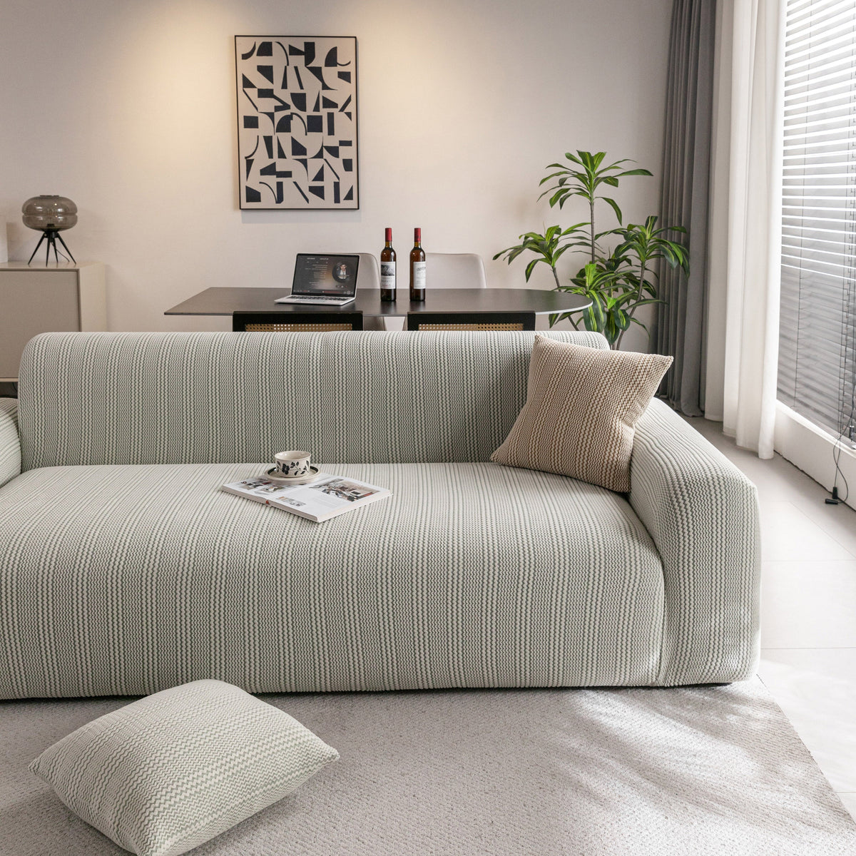 Modern Textured Stretch Sofa Cover, Plush Fleece Sofa Slipcover with 3D Stripe Texture
