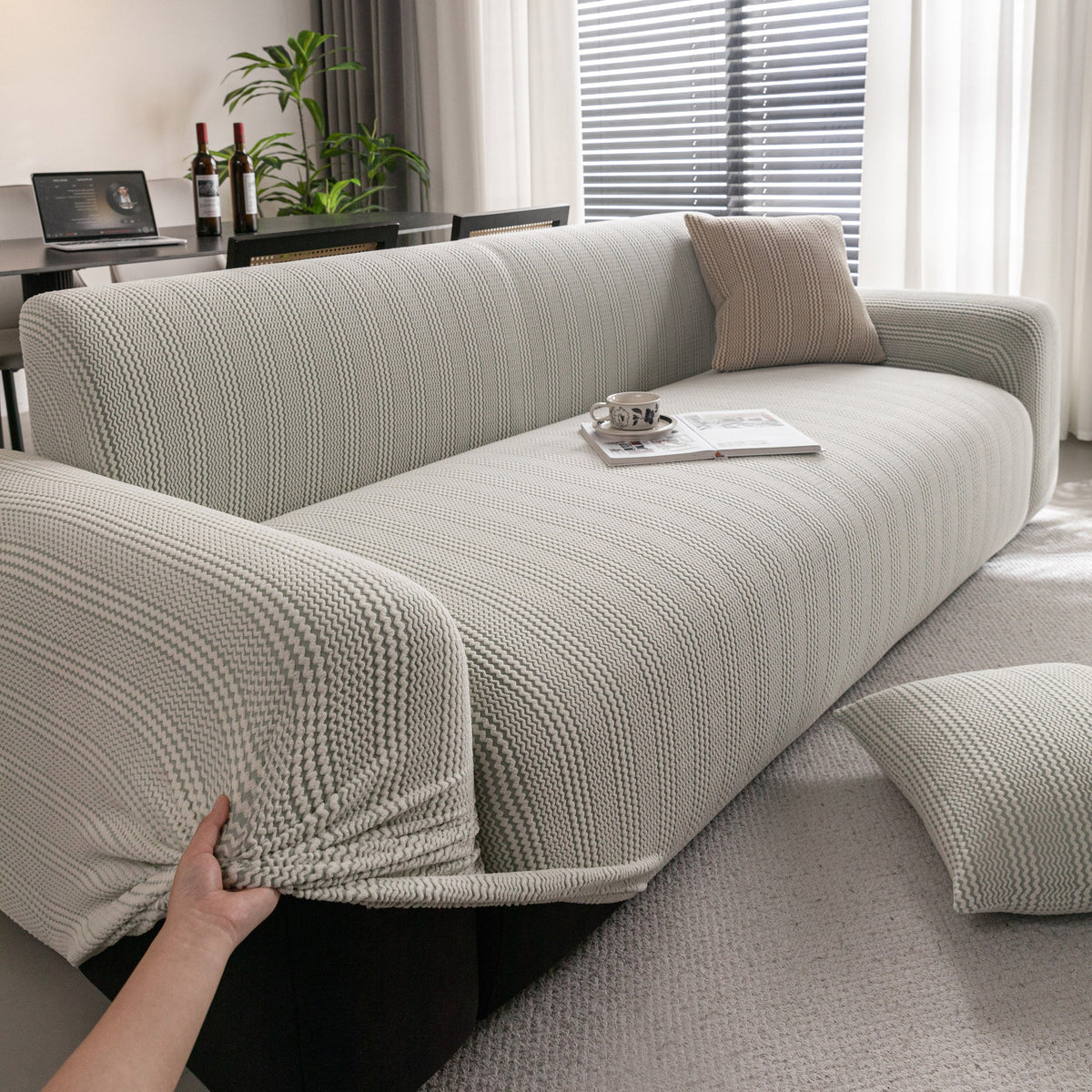 Modern Textured Stretch Sofa Cover, Plush Fleece Sofa Slipcover with 3D Stripe Texture