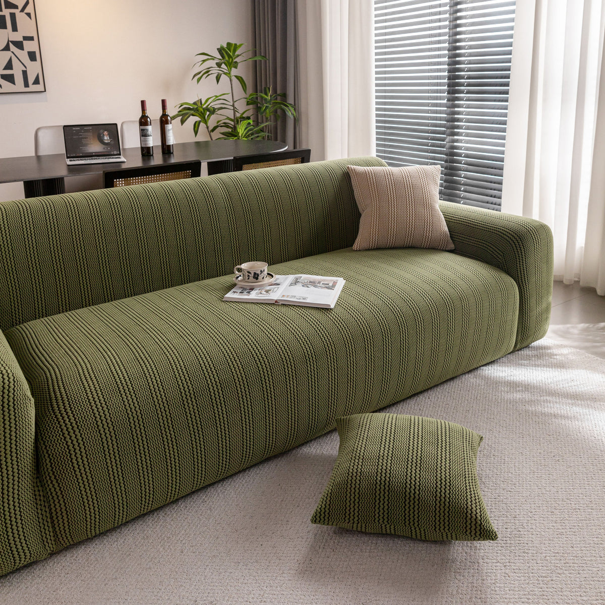 Modern Textured Stretch Sofa Cover, Plush Fleece Sofa Slipcover with 3D Stripe Texture