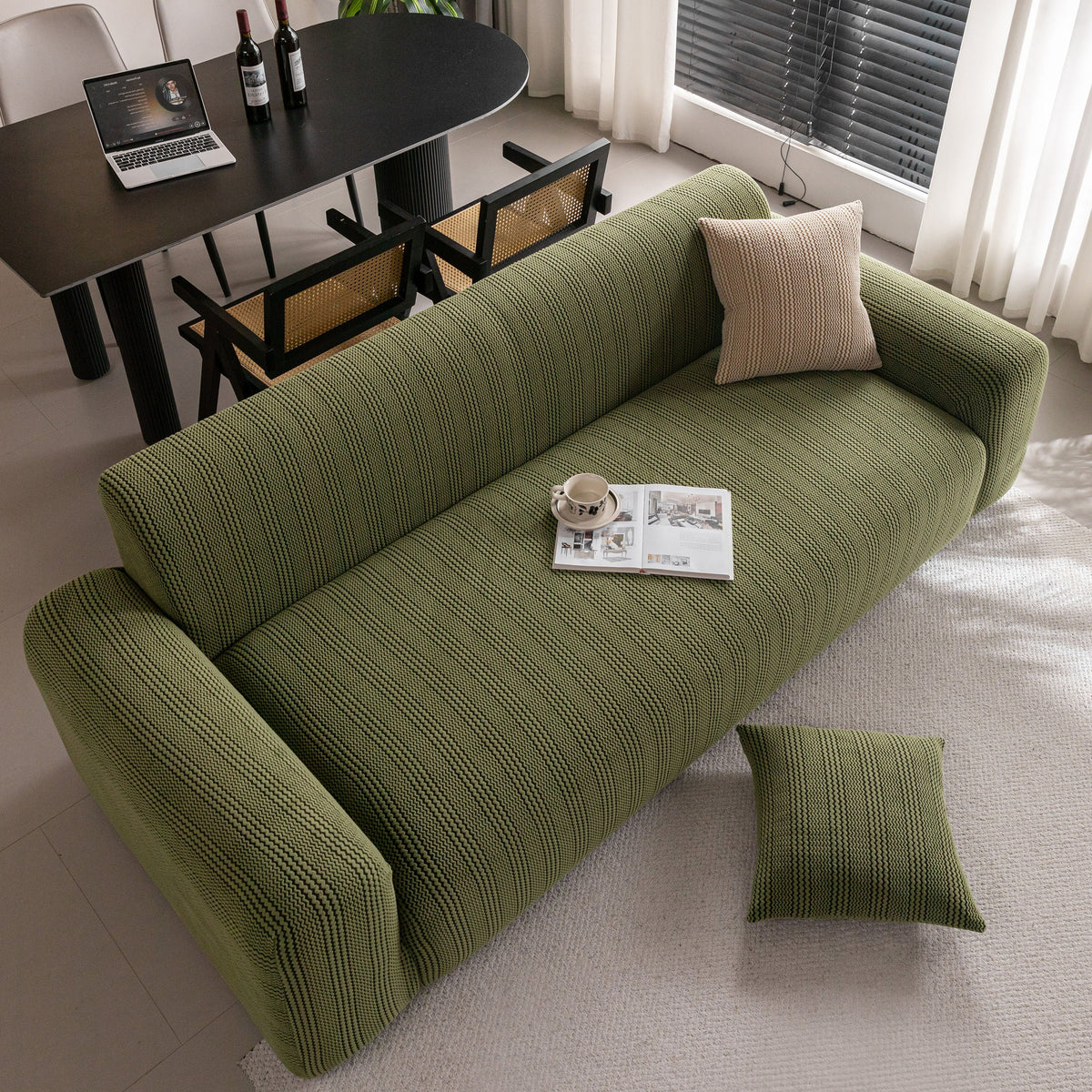 Modern Textured Stretch Sofa Cover, Plush Fleece Sofa Slipcover with 3D Stripe Texture
