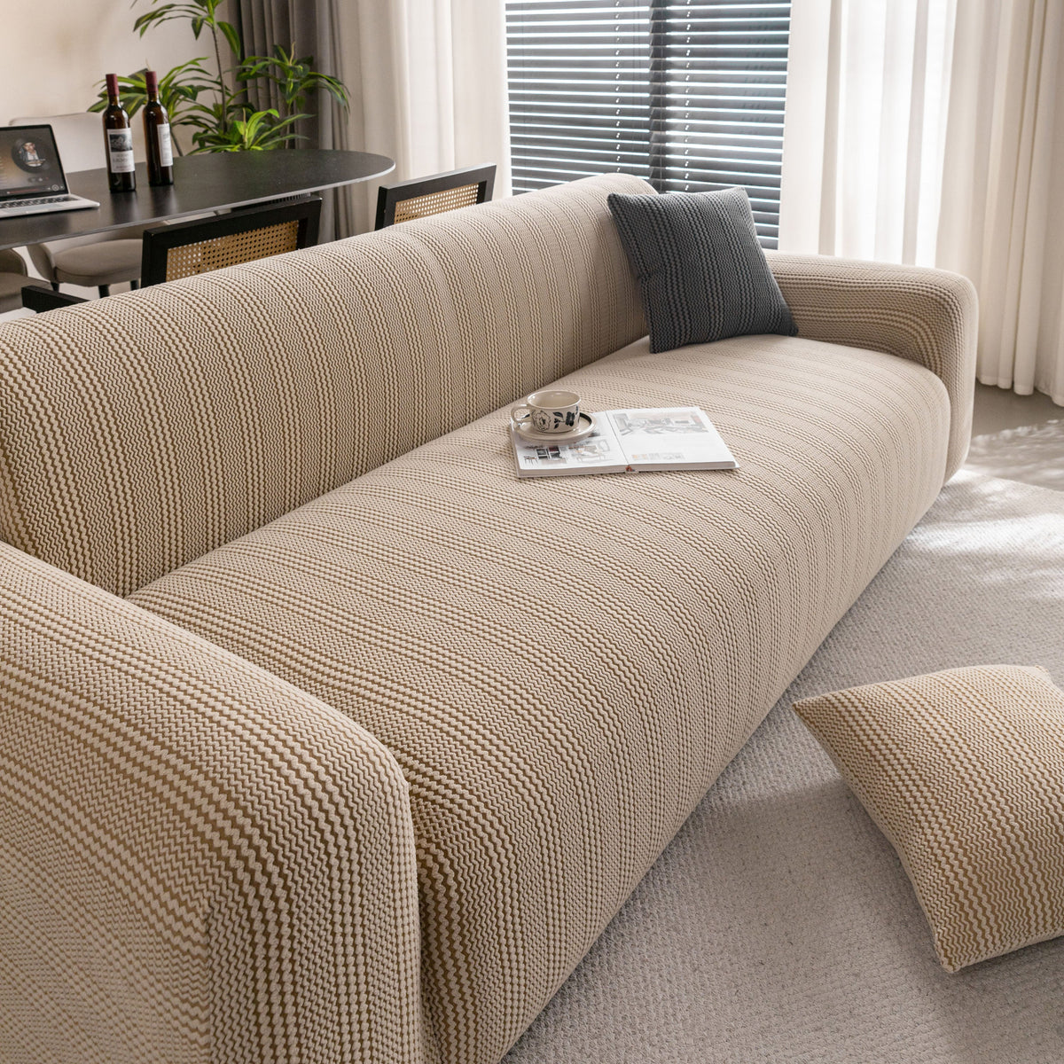 Modern Textured Stretch Sofa Cover, Plush Fleece Sofa Slipcover with 3D Stripe Texture