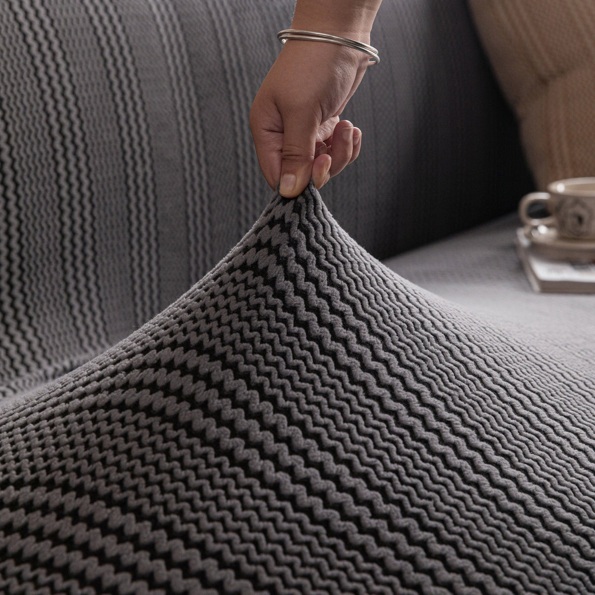 Modern Textured Stretch Sofa Cover, Plush Fleece Sofa Slipcover with 3D Stripe Texture