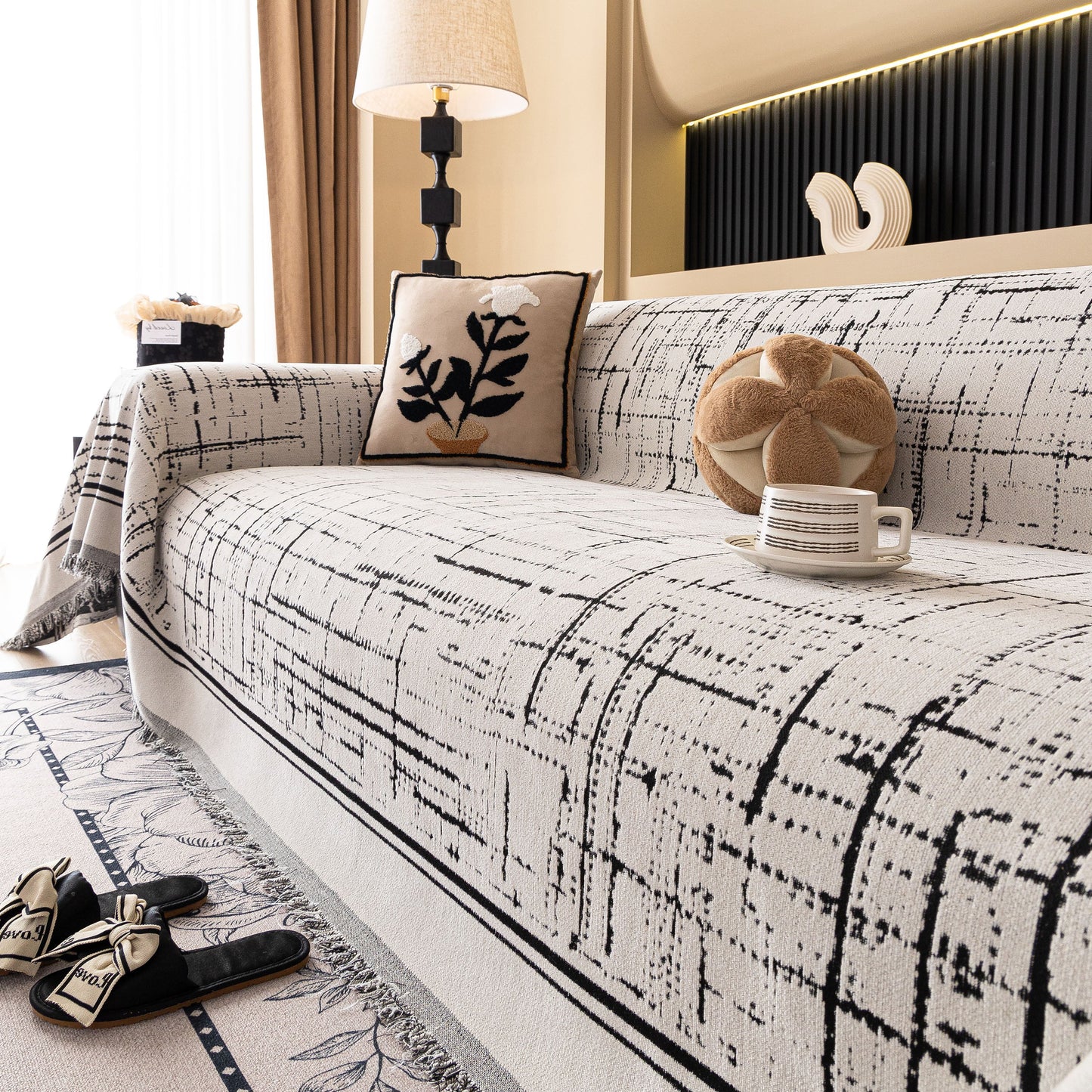 Modern Couch Protector Blanket Woven Chenille Sofa Cover Throw with Artistic Grid
