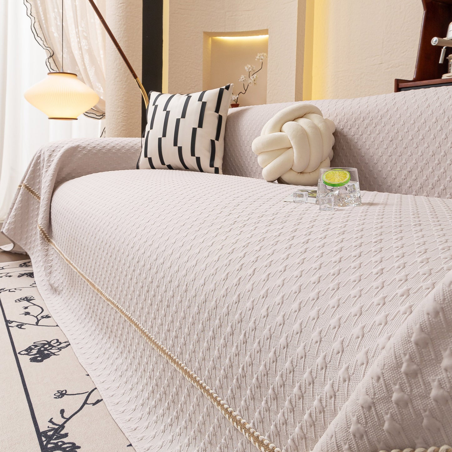 Jacquard Ice Silk Sofa Throw Cover with Gold Trim, Summer Cooling Couch Slipcover