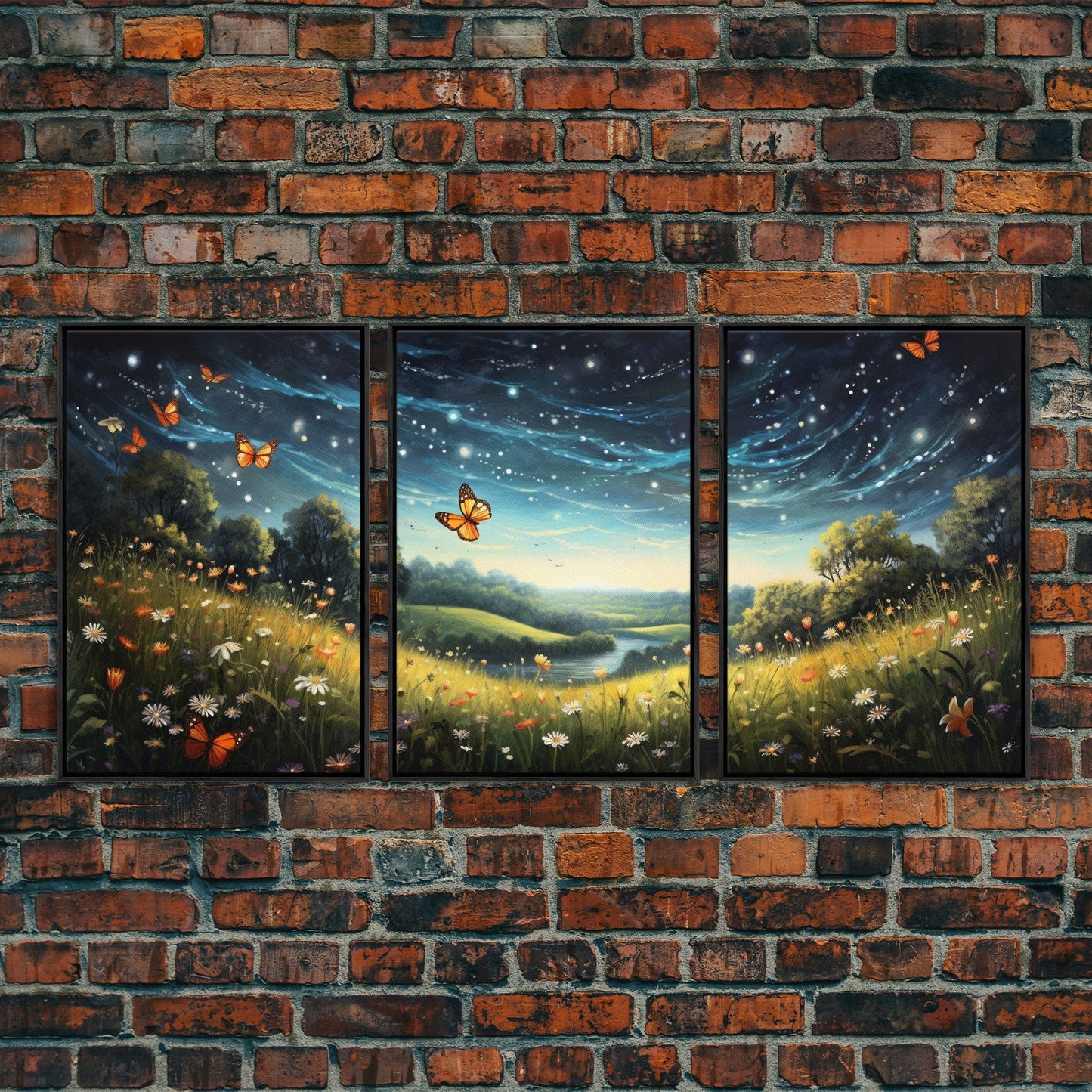 Wildflower Meadow. Wildflower Art, Canvas Print, Butterflies, Wall Art, 3 Piece Wall Art, Country Home Decor, Indie Room Decor, Room Decor