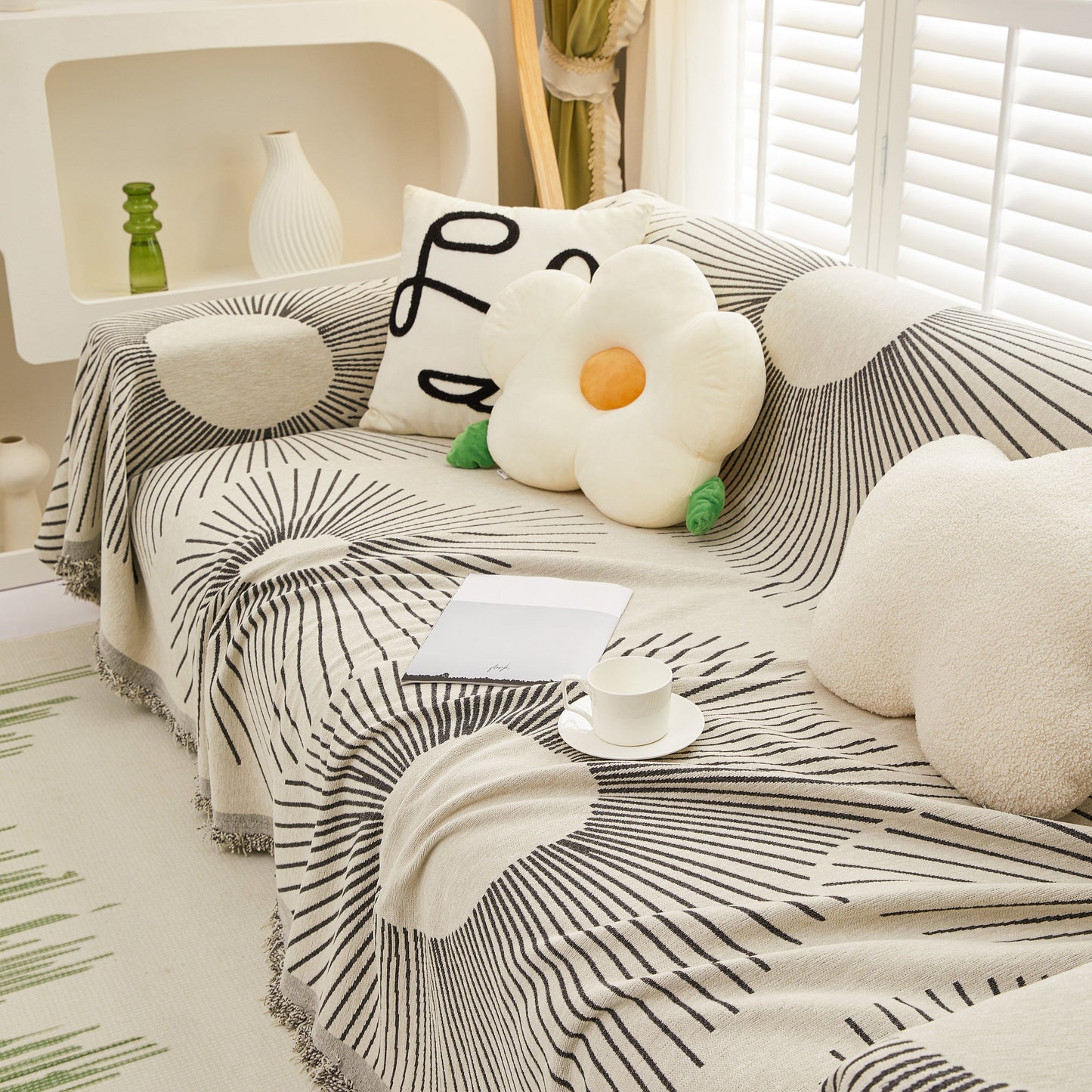 Geometric Radial Striped L-Shape Sofa Cover: Thick, Reversible Furniture Blanket for Kids and Pets
