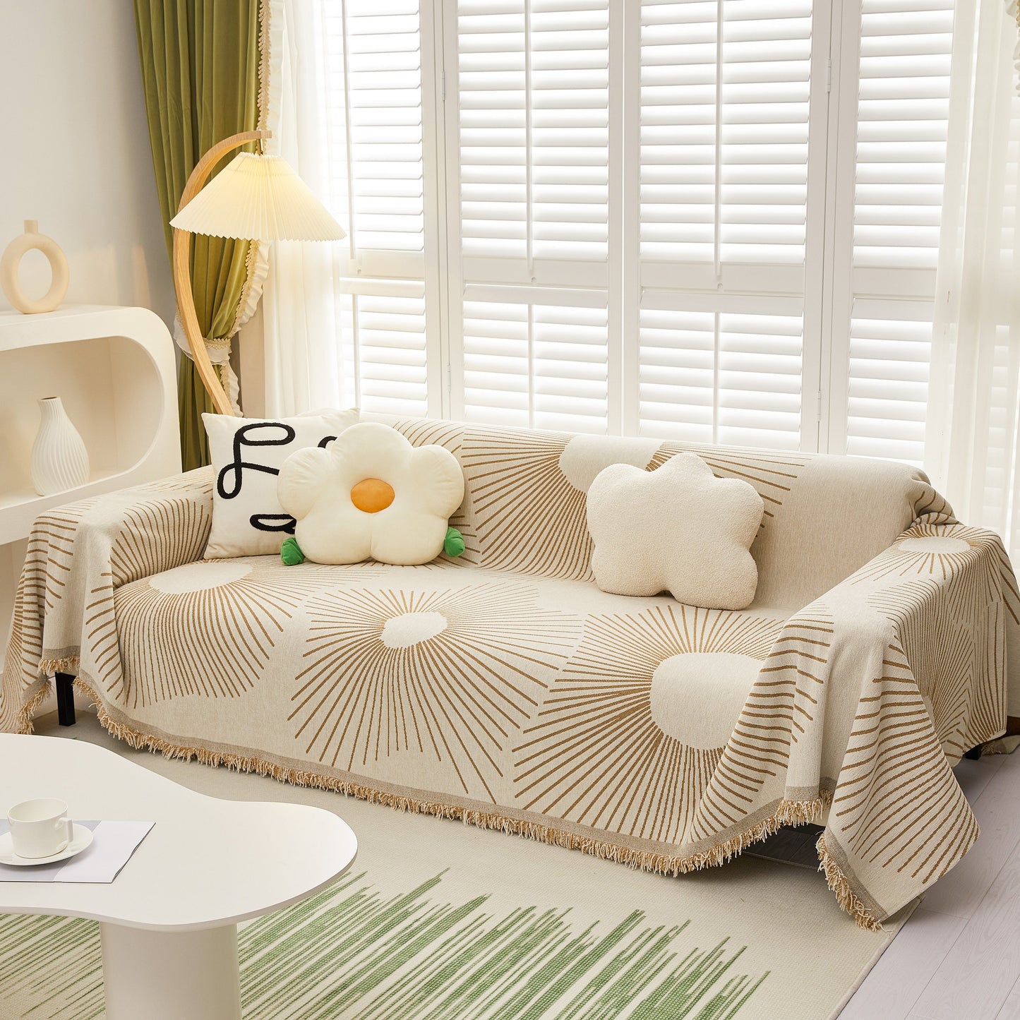 Geometric Radial Striped L-Shape Sofa Cover: Thick, Reversible Furniture Blanket for Kids and Pets