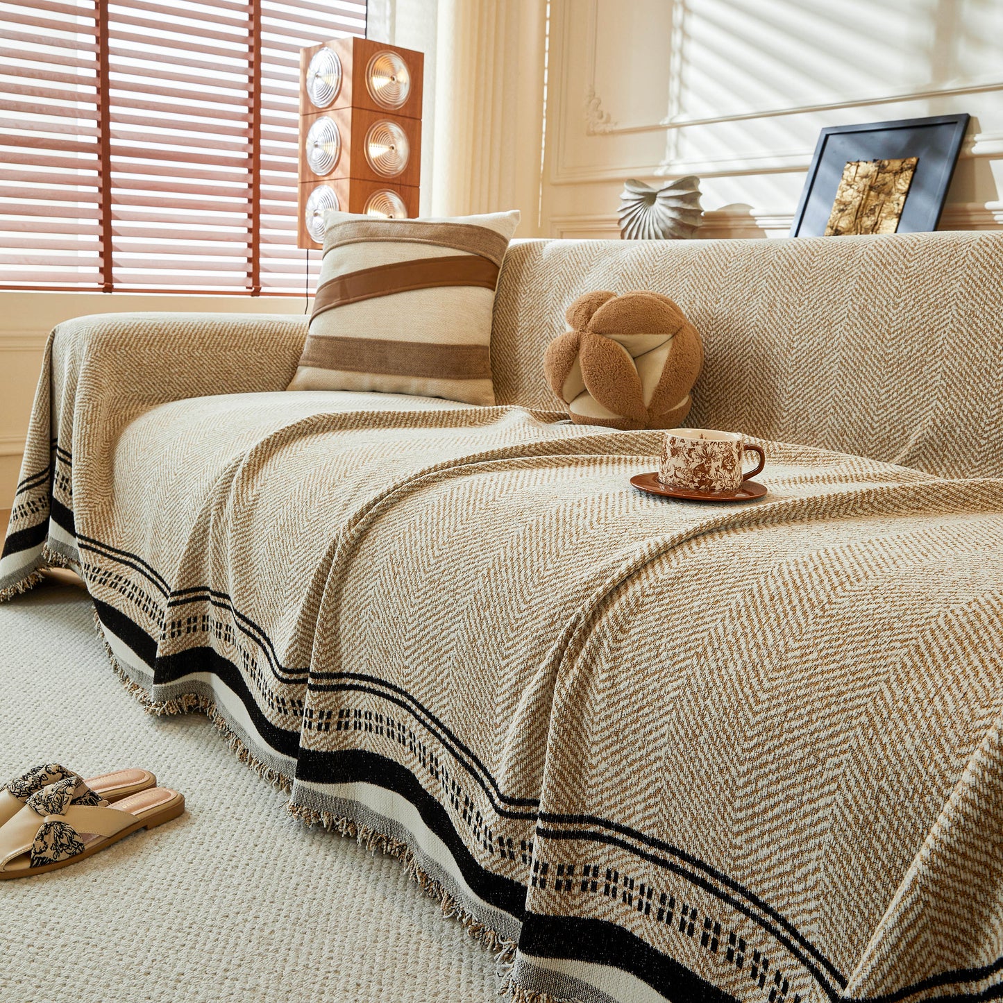 Reversible Herringbone Sofa Cover, 2-in-1 Classic British Throw Blanket for Couch