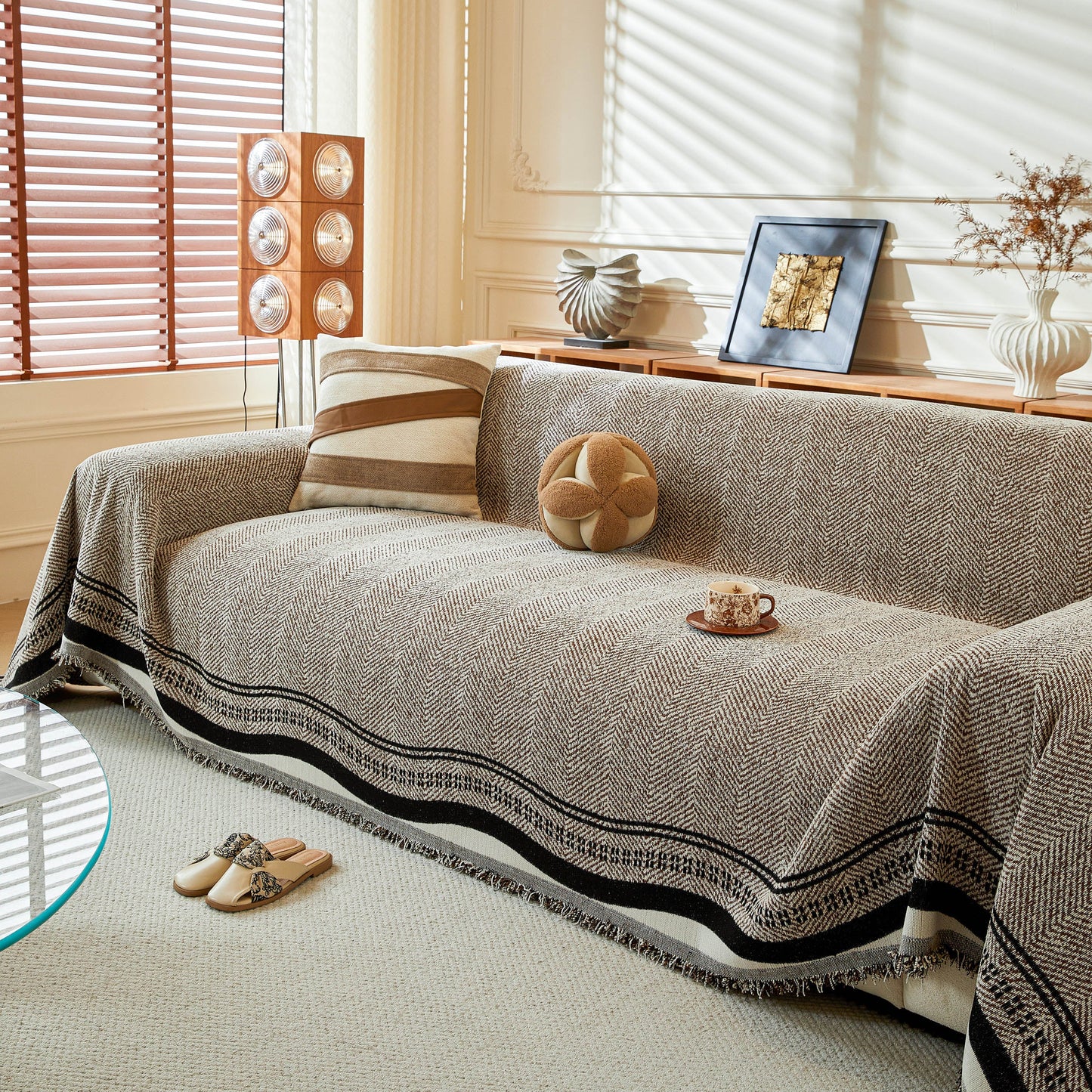 Reversible Herringbone Sofa Cover, 2-in-1 Classic British Throw Blanket for Couch