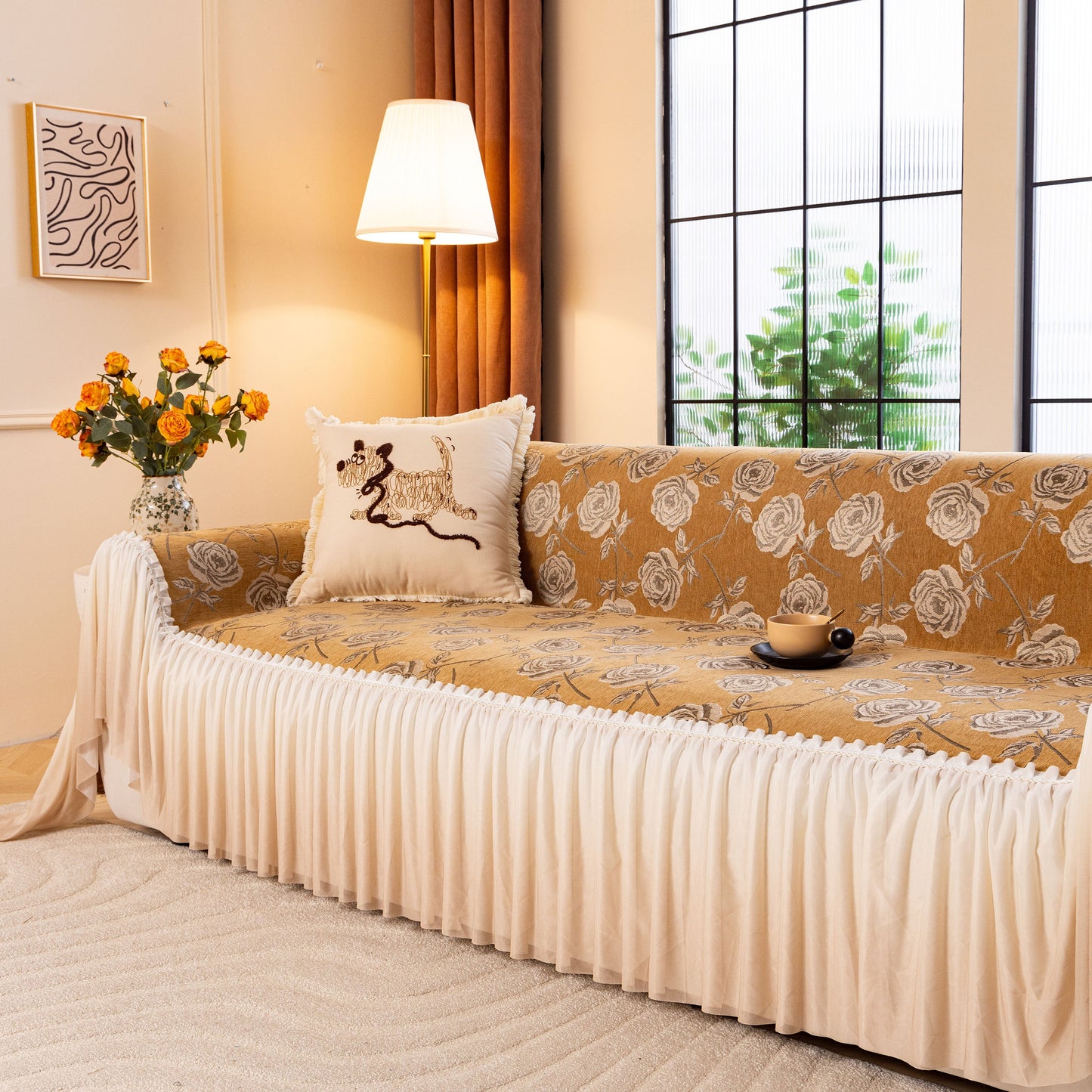 French Country Floral Sofa Cover with Ruffled Skirt, Farmhouse Decor for Living Room