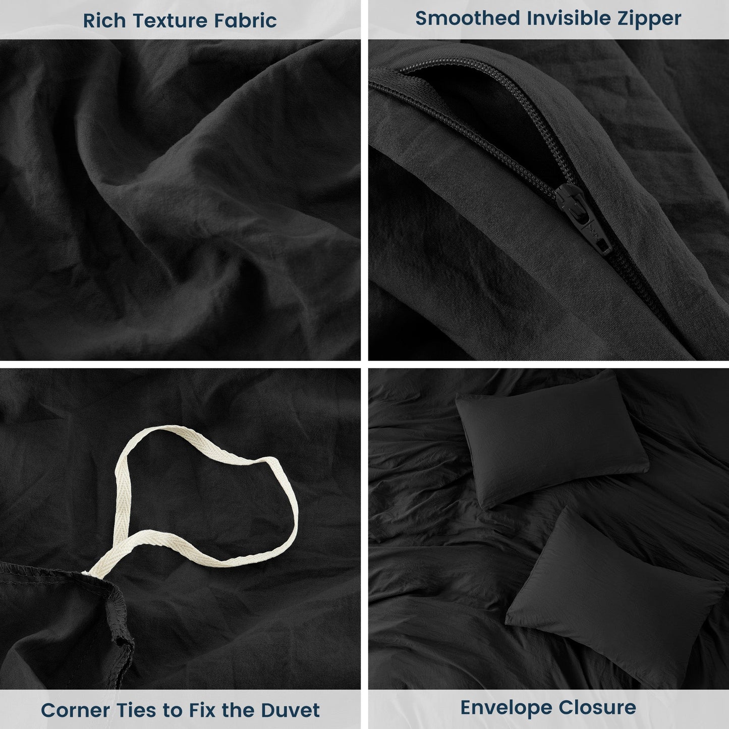 Stone Washed Duvet Cover Set - Black