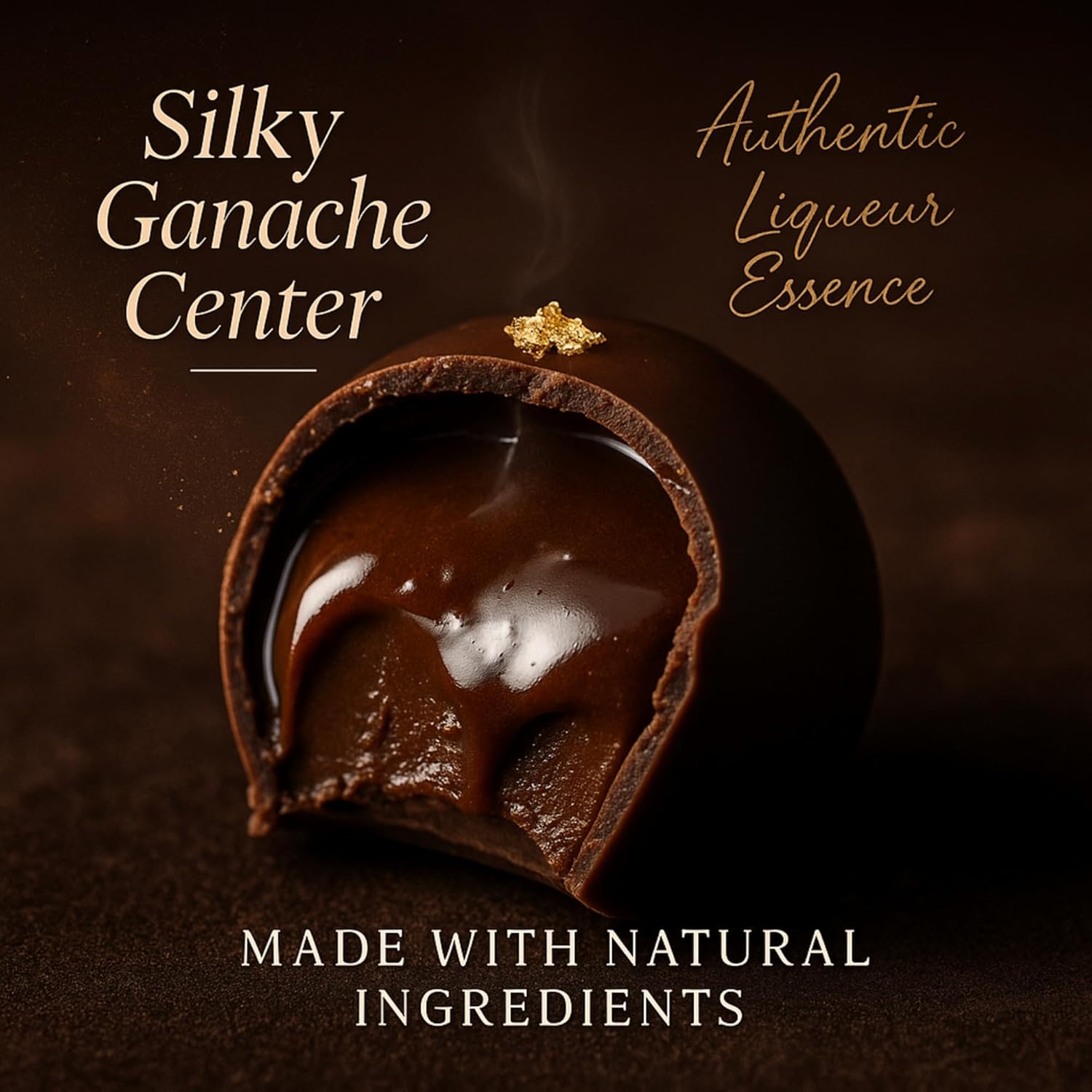 Chocolate truffle with ganache center on a dark background, featuring text about ingredients.