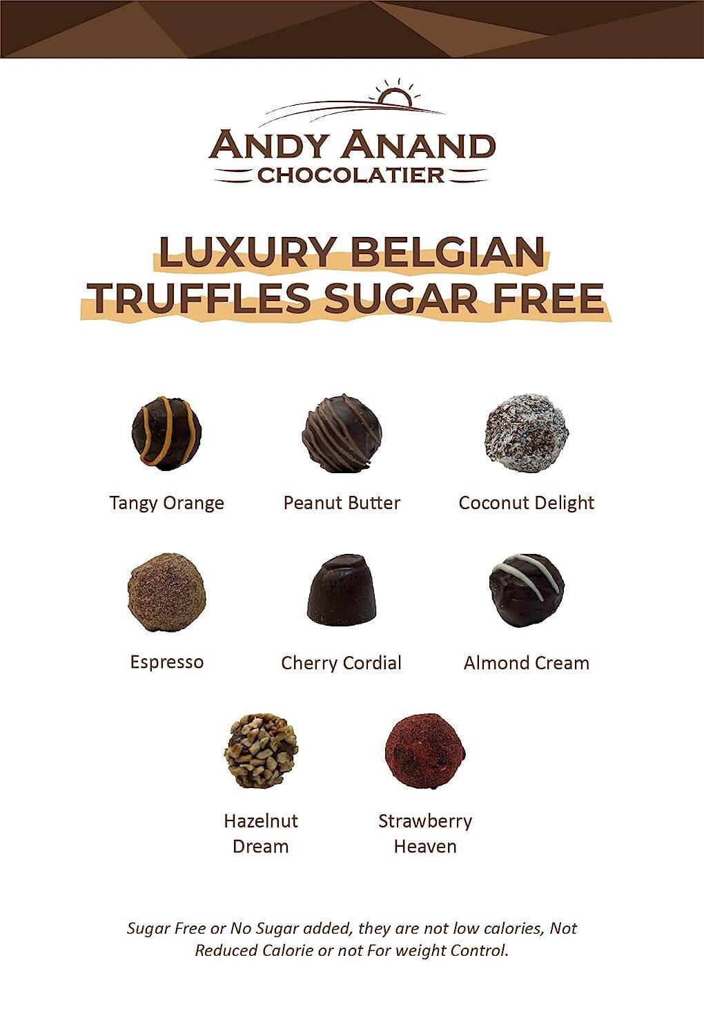 Andy Anand Chocolatier luxury Belgian truffles with various flavors on a white background