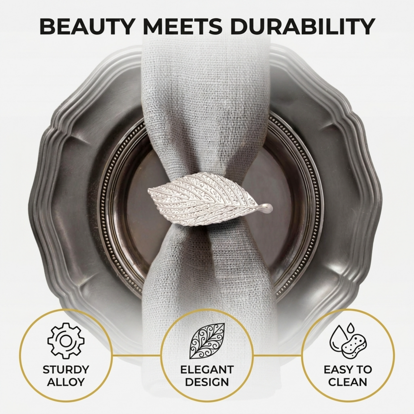 Silver Leaf Napkin Rings – Elegant Table Decor | Rust Resistant Metal Rings