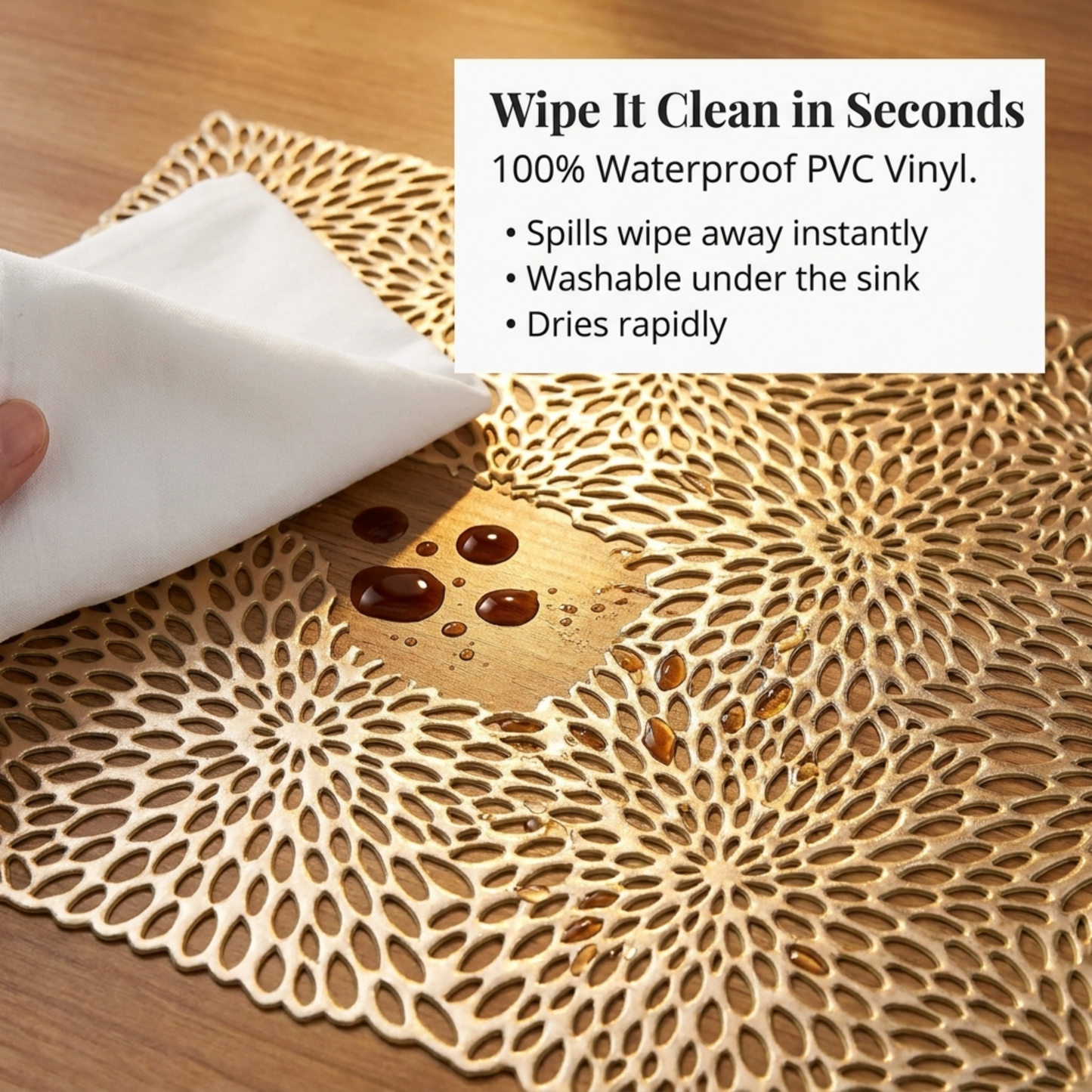 PVC Placemats - Gold Non Slip Table Mats | Heat Resistant Indoor Outdoor Set