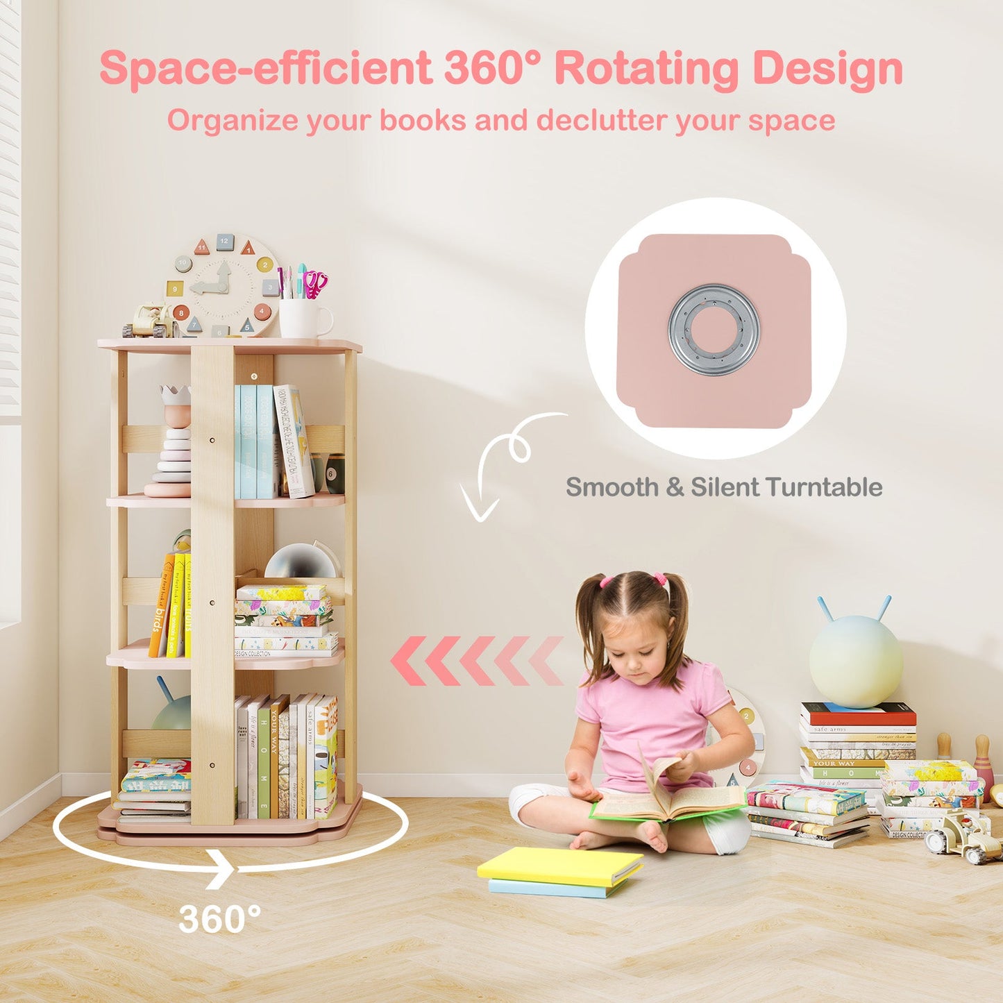 3-Tier Freestanding Corner Toddler Book Rack with 12 Sectors-Pink