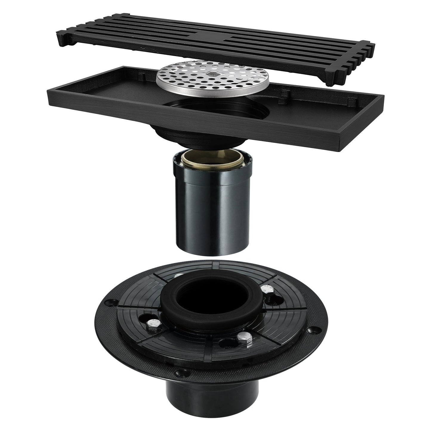 8 Inch Shower Linear Matte black Drain Rectangular Floor Drain with Accessories Square Hole Pattern Cover Grate Removable Matte Black Brass