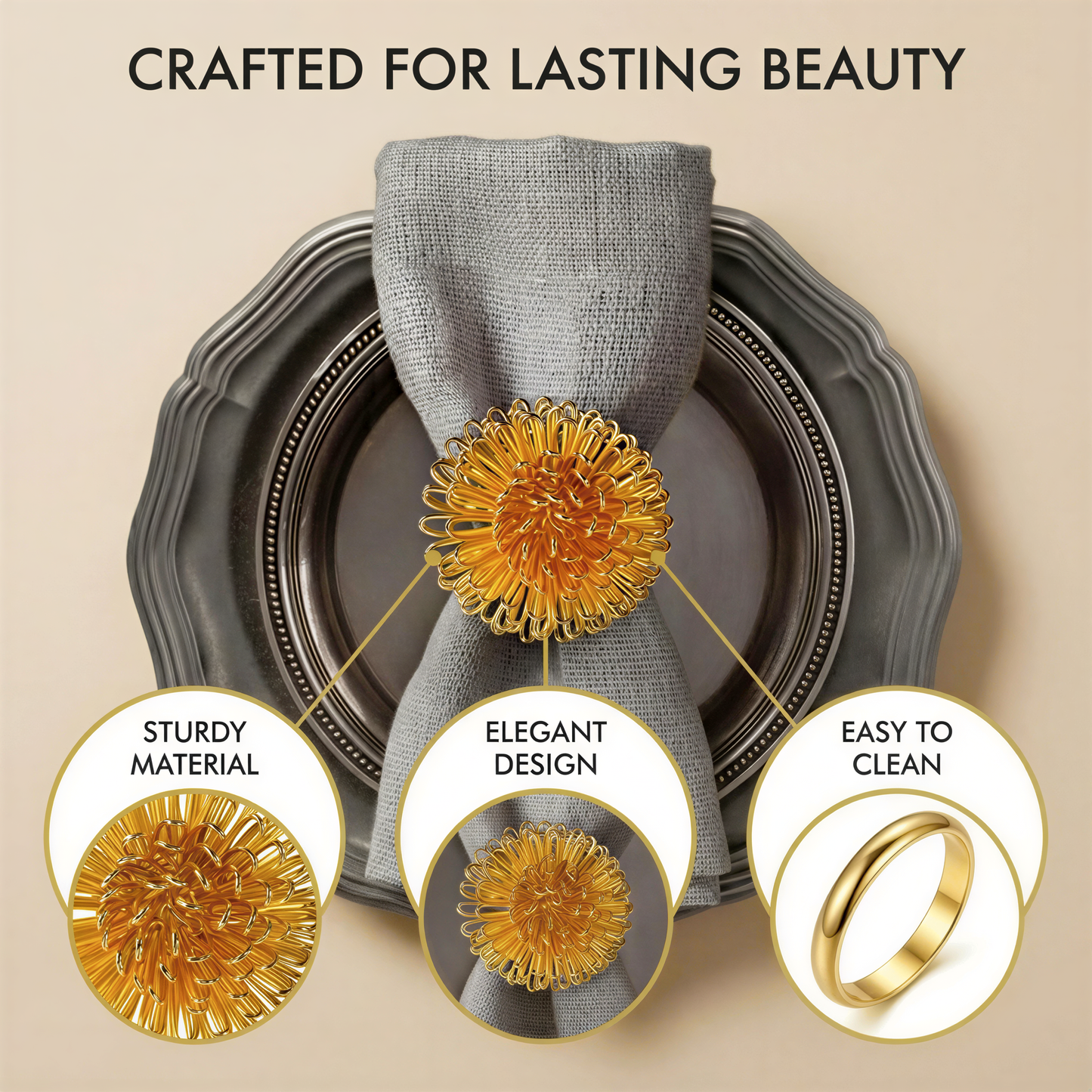 Gold Floral Napkin Rings – Elegant Rust Resistant Table Decor Accent
