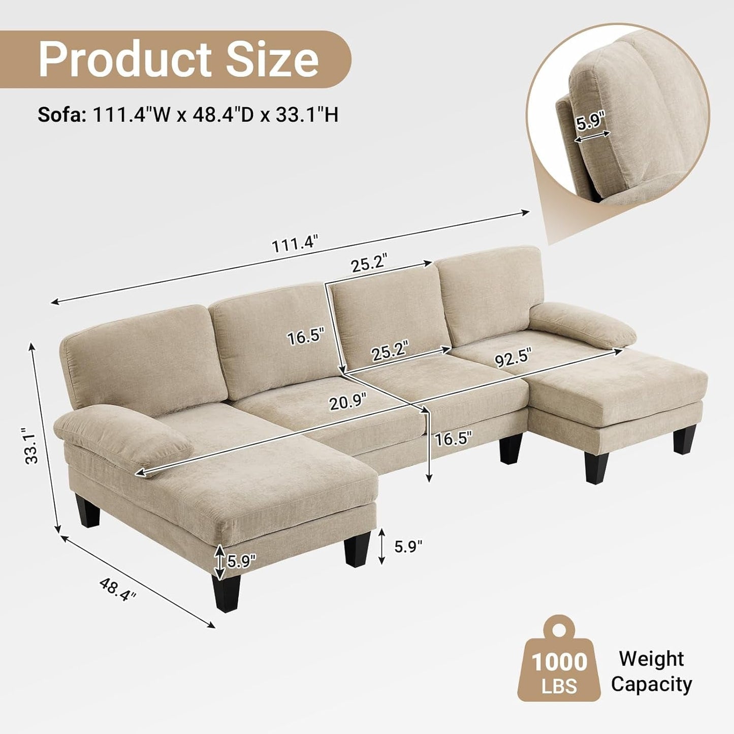 Light Khaki 110 Inch U Shape Sectional Sofa Double Chaise