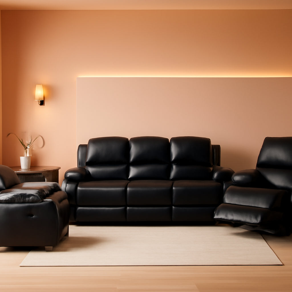 Bonded Leather Reclining Glider Sofa Set Black 3 Piece